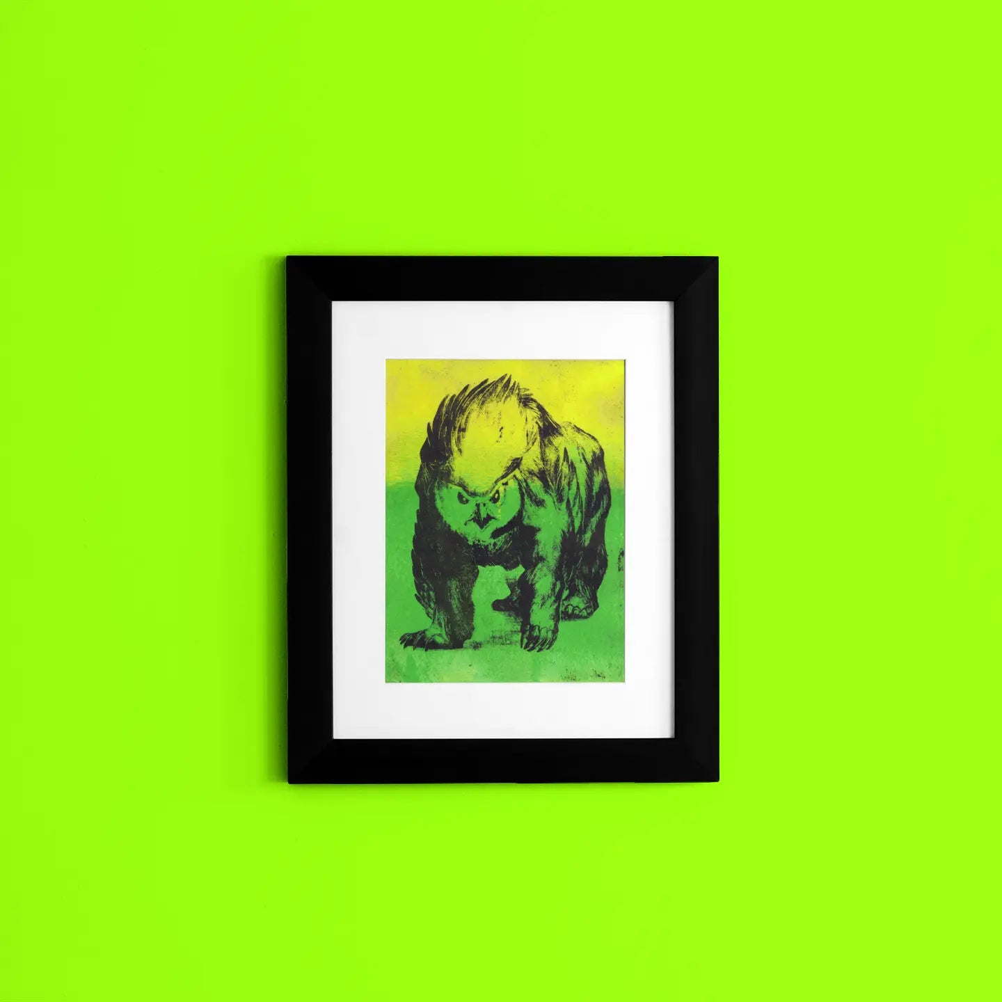 Glowing Feathered Fury 8x10 Gel Plate Print Framed on a bright wall