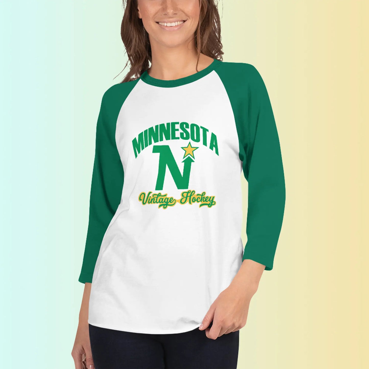 Minnesota Vintage Hockey 3/4 Sleeve Raglan Shirt - White/Kelly