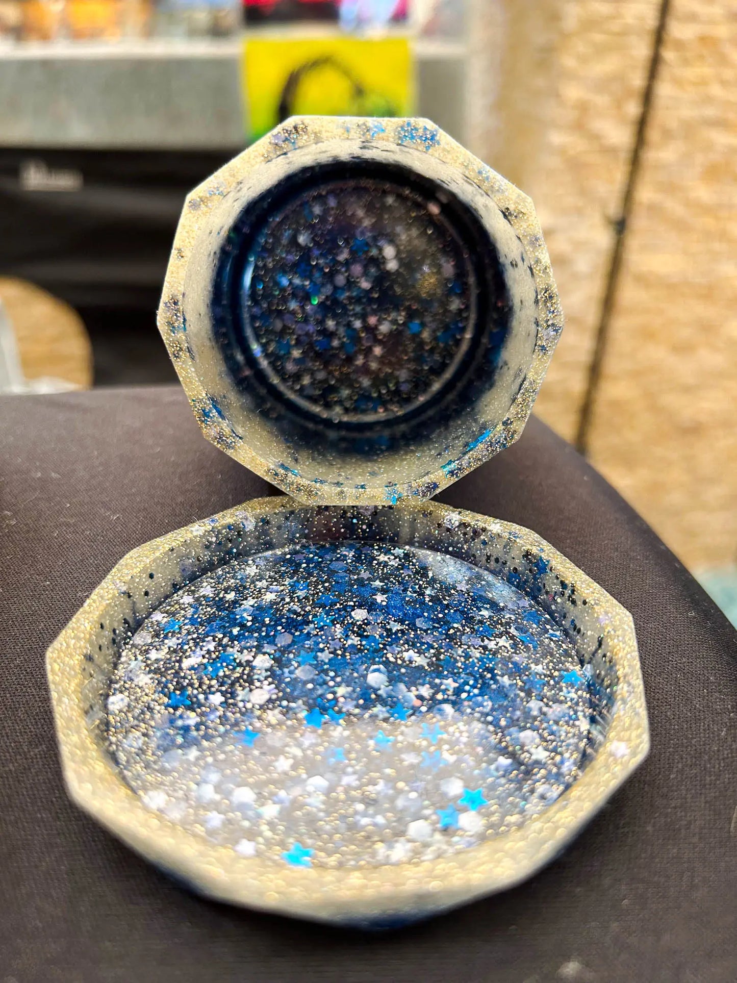 Customizable Dice Cup and Tray Lid Dark Blue and yellow with stars