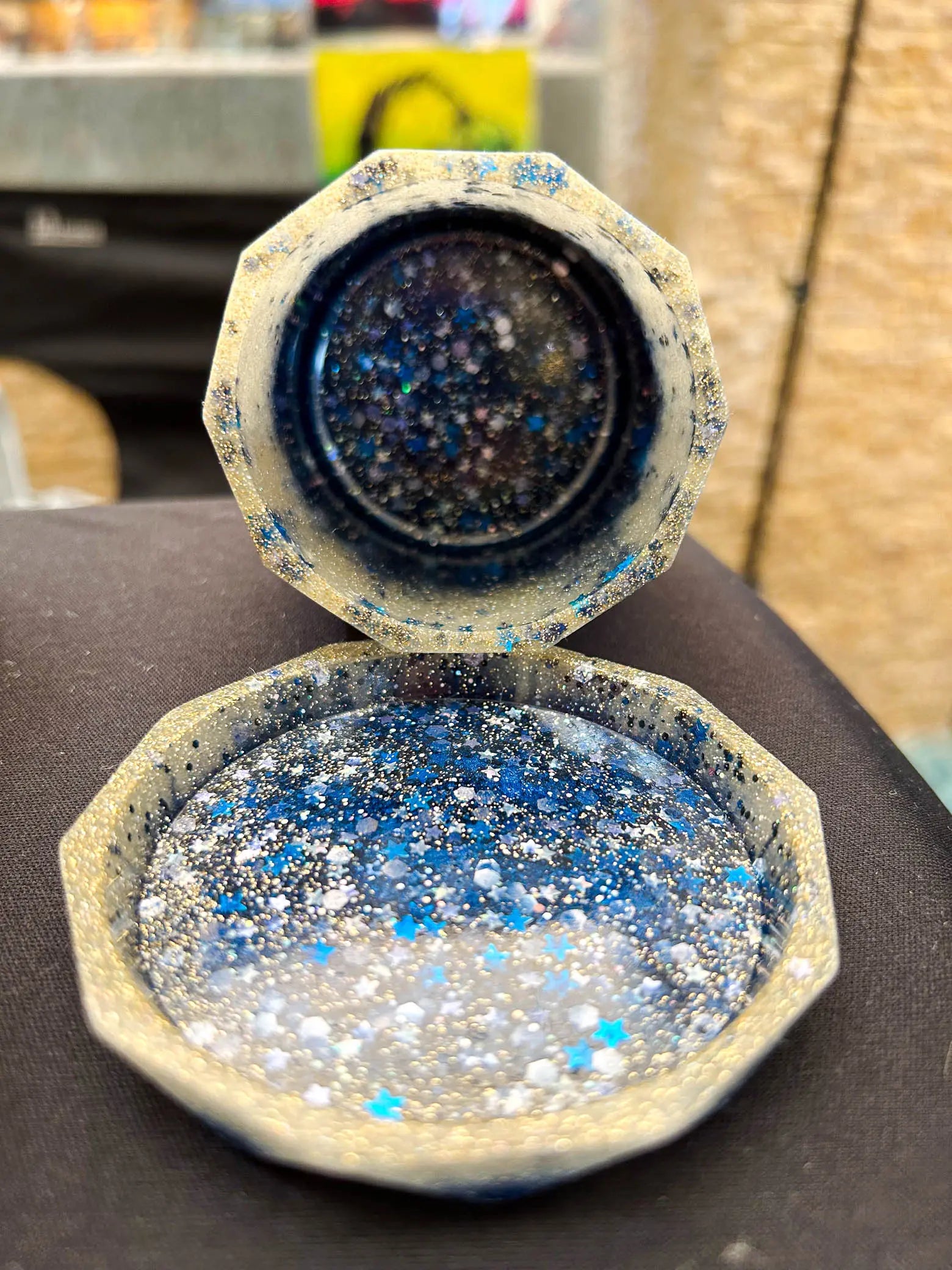 Customizable Dice Cup and Tray Lid Dark Blue and yellow with stars