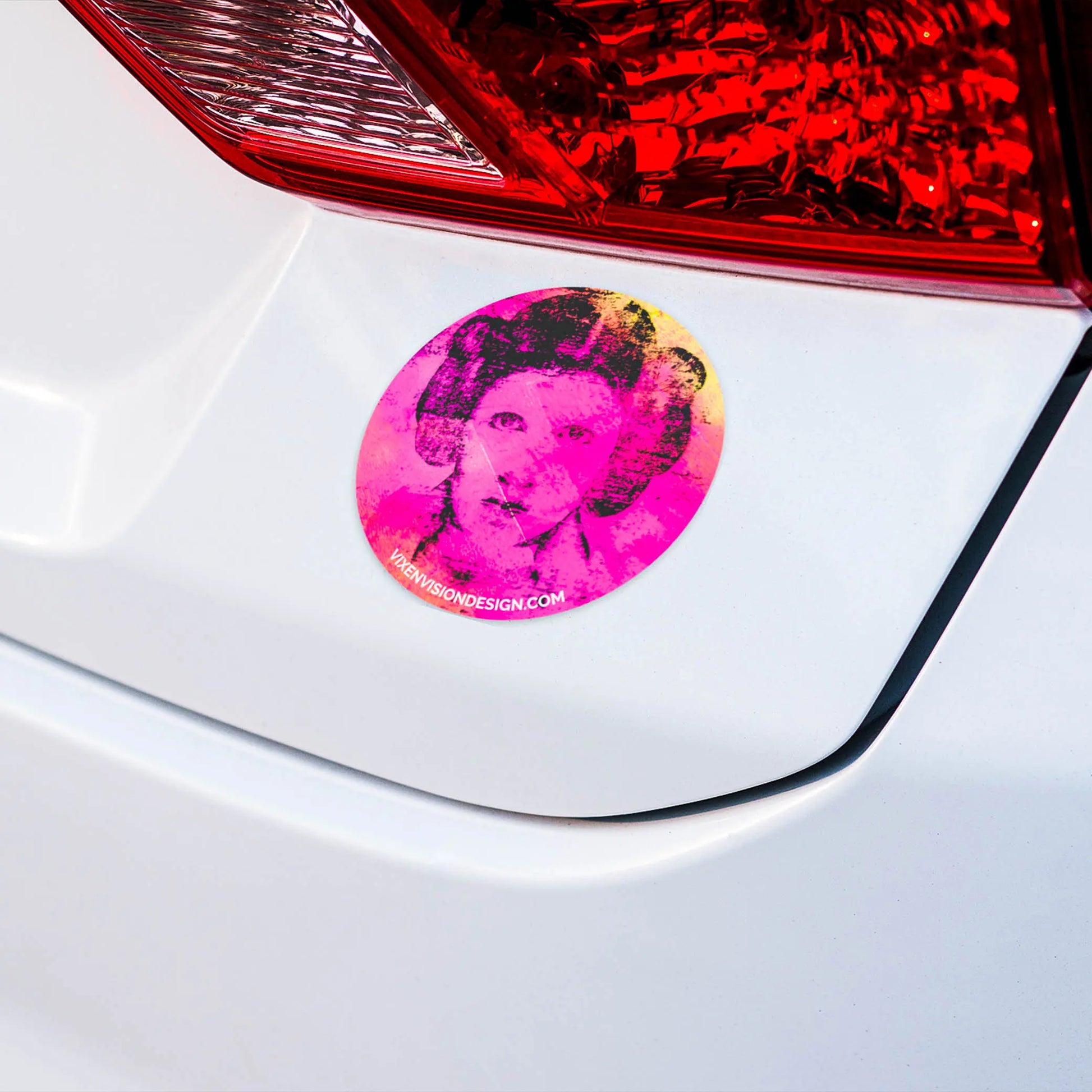 Rebel Resonance 3" Circle Sticker on a white car