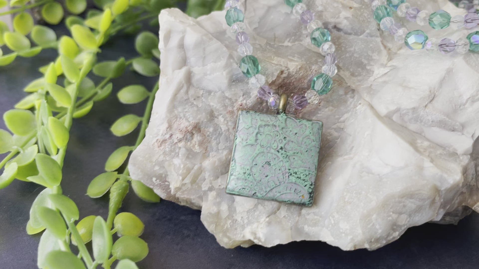 Aqua and Lavender Paisley Clay Pendant Bead Necklace