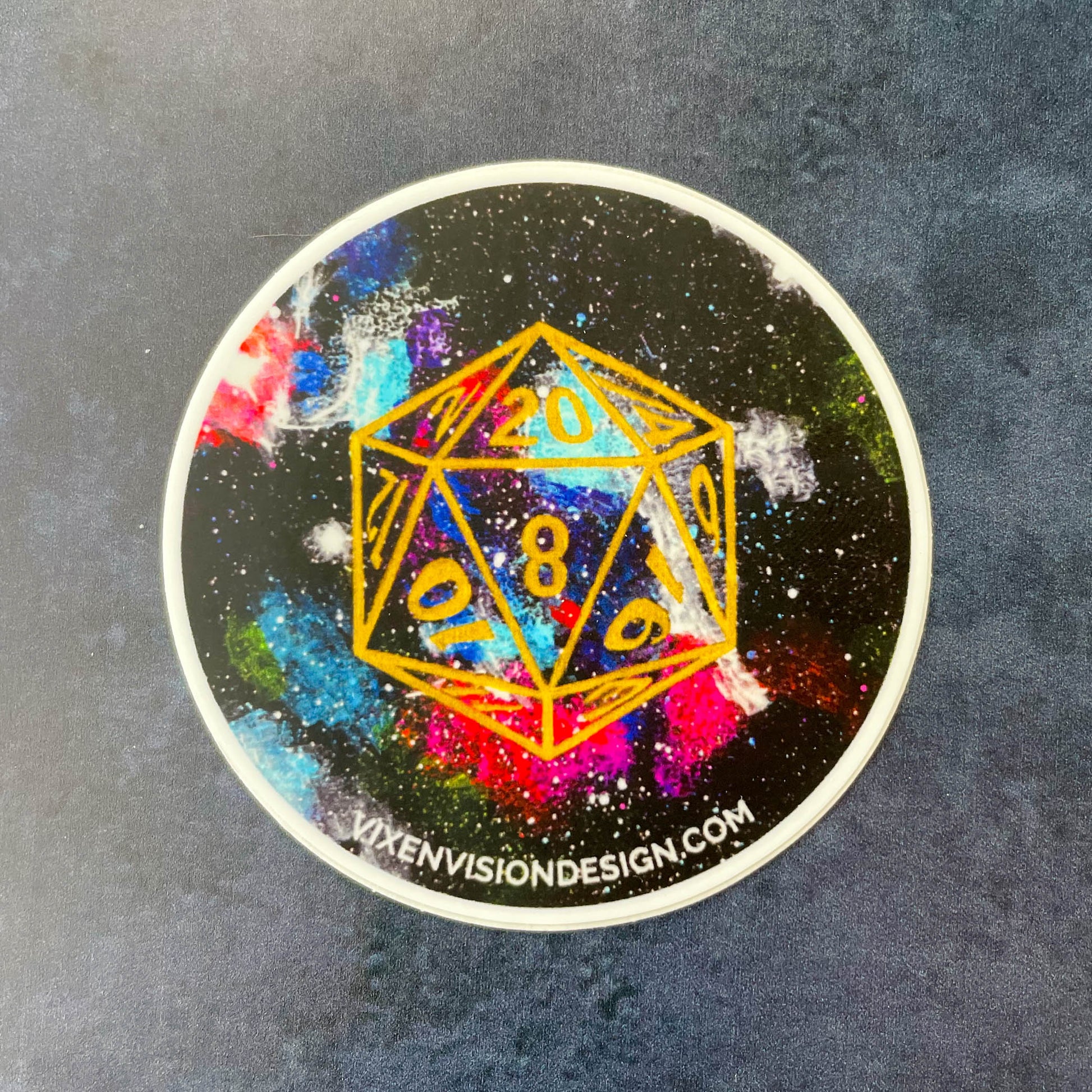 D20 Orion Nebula 3" Circle Sticker on dark blue background