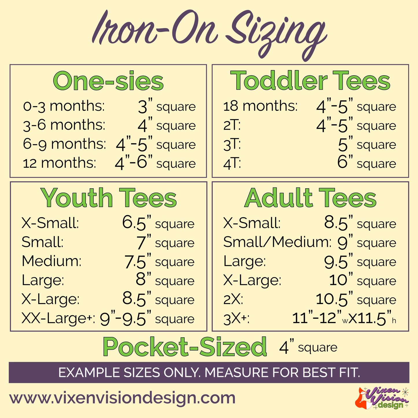 Vixen Vision Design Iron-On Sizing Chart