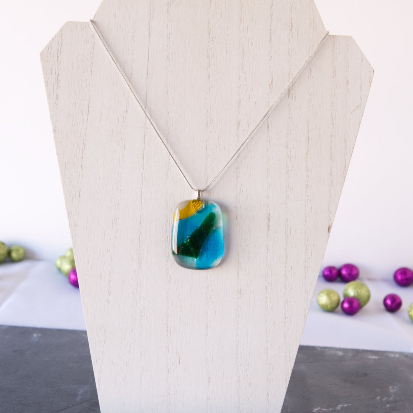 Yellow, Blue, and Green Multicolor Abstract "Field and Sky" Fused Glass Pendant Necklace