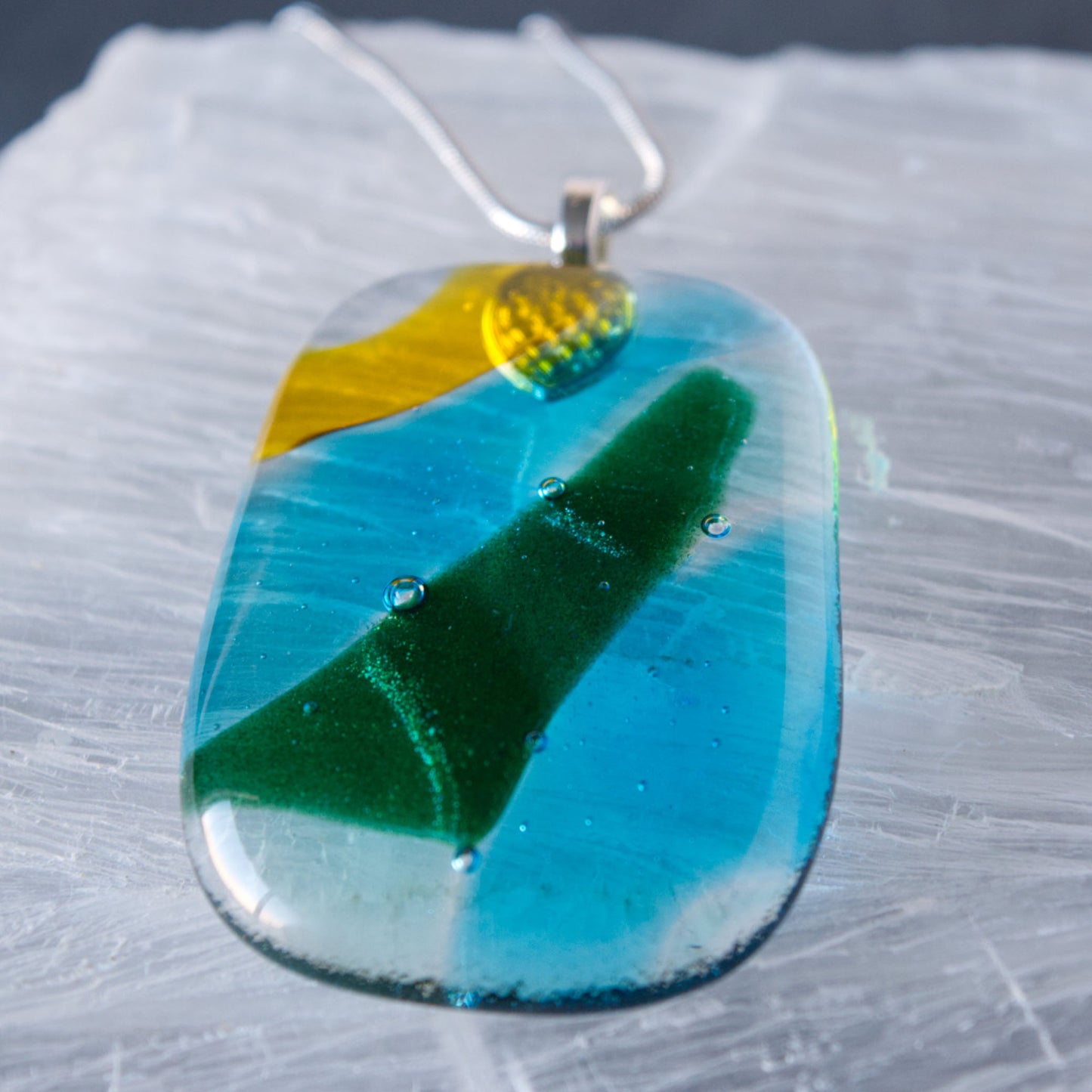Yellow, Blue, and Green Multicolor Abstract "Field and Sky" Fused Glass Pendant Necklace