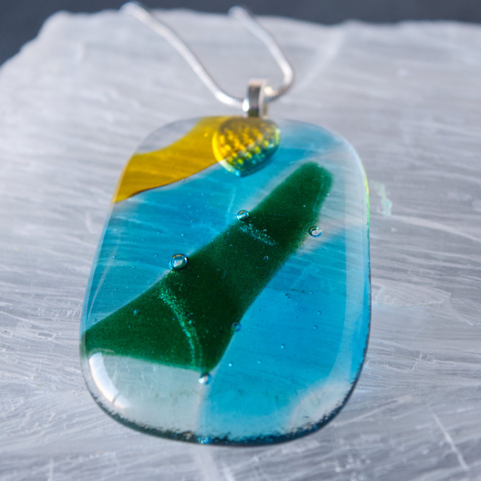 Yellow, Blue, and Green Multicolor Abstract "Field and Sky" Fused Glass Pendant Necklace
