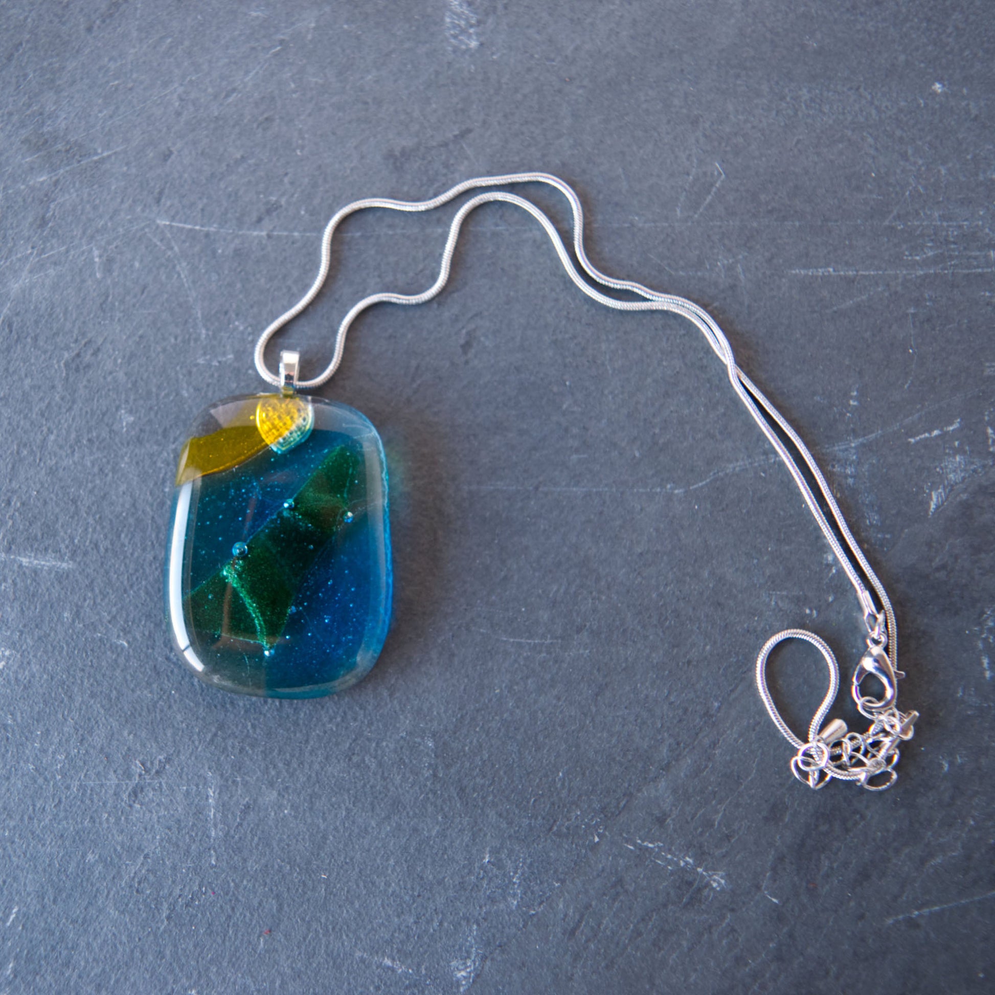 Yellow, Blue, and Green Multicolor Abstract "Field and Sky" Fused Glass Pendant Necklace