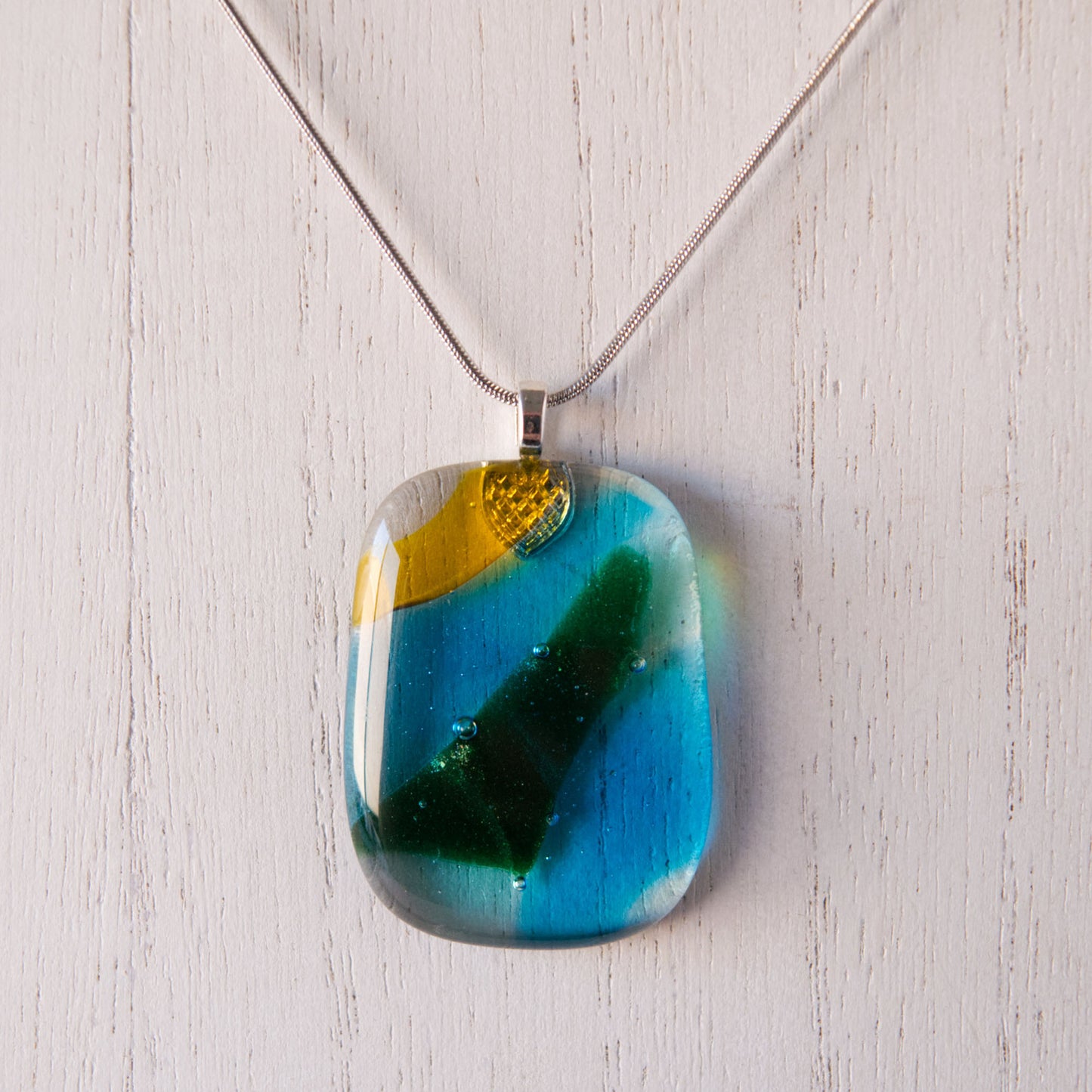 Yellow, Blue, and Green Multicolor Abstract "Field and Sky" Fused Glass Pendant Necklace