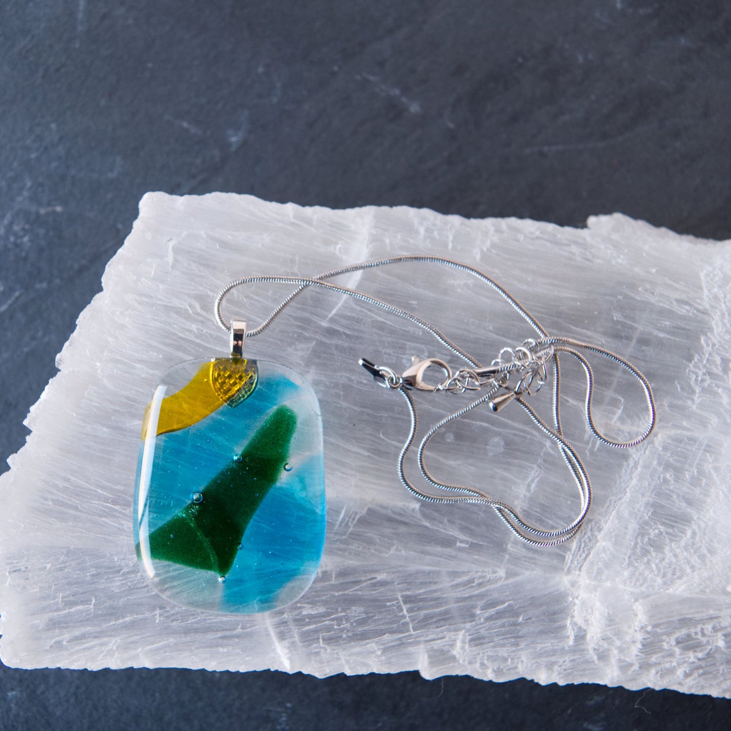 Yellow, Blue, and Green Multicolor Abstract "Field and Sky" Fused Glass Pendant Necklace