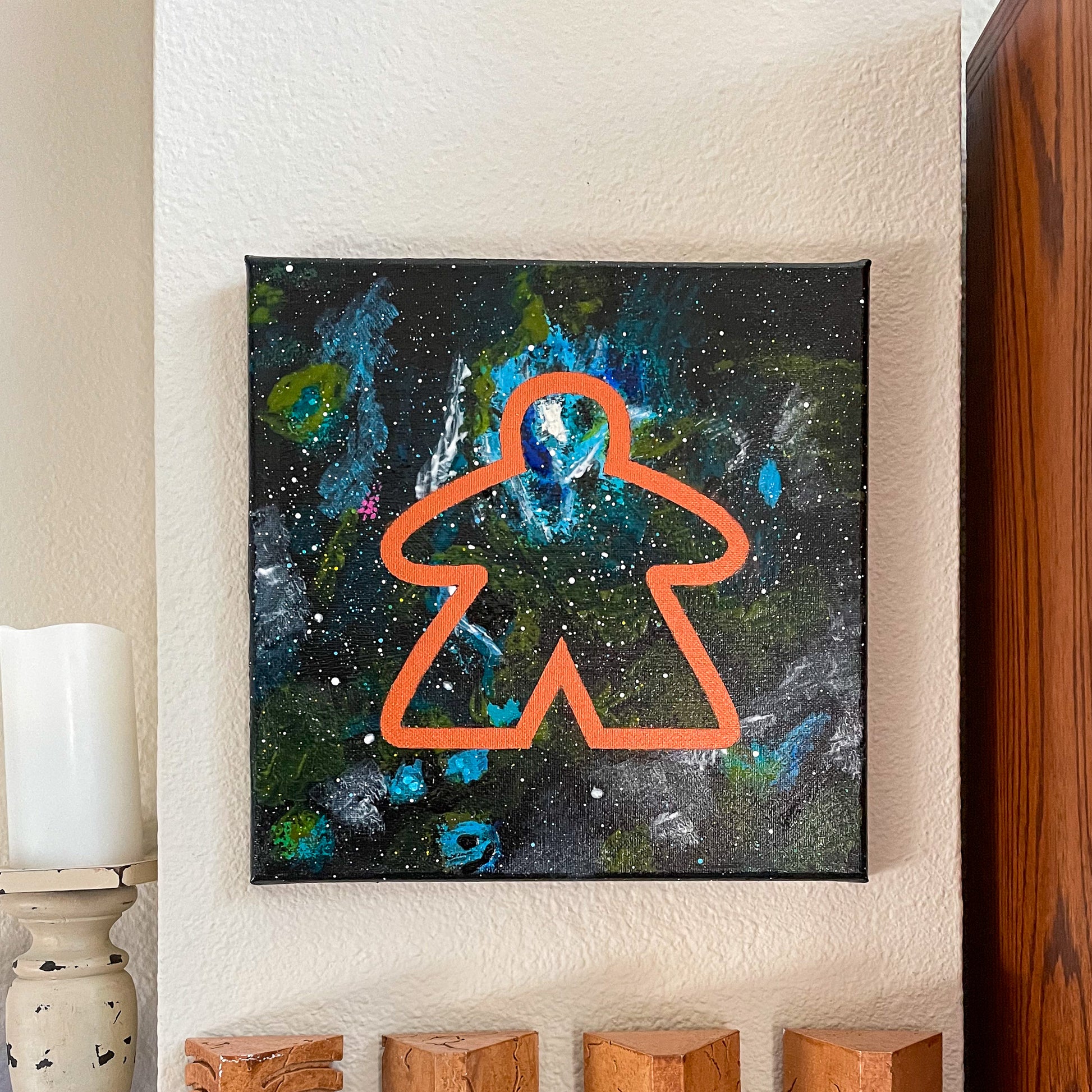 Meeple Tarantula Nebula 10x10 Geek Galaxy Painting hanging on light colored wall