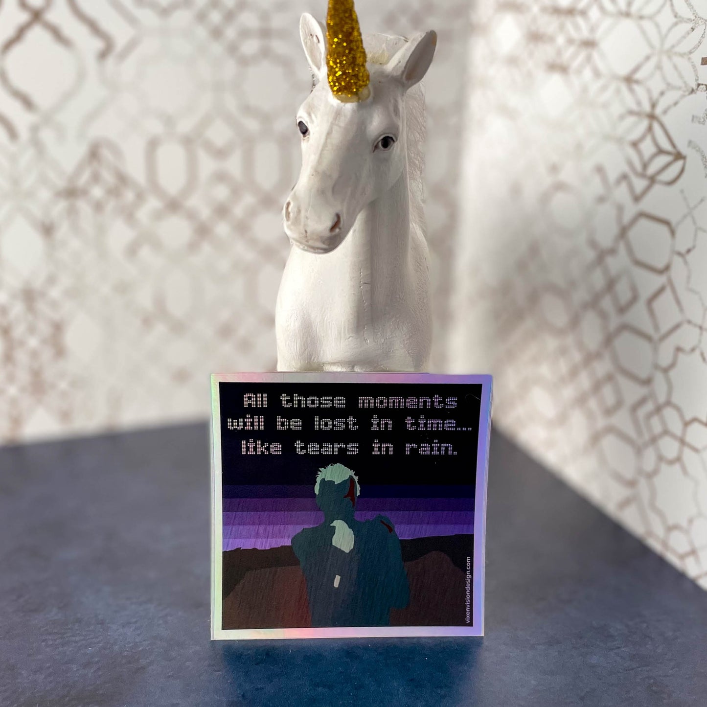Tears in Rain Quote Holographic 3" Sticker with unicorn