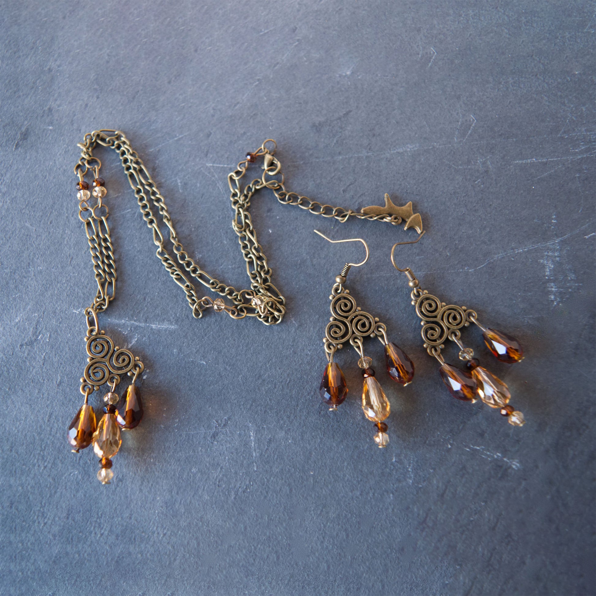 Triskele Antique Bronze and Crystal Earrings and Necklace Set