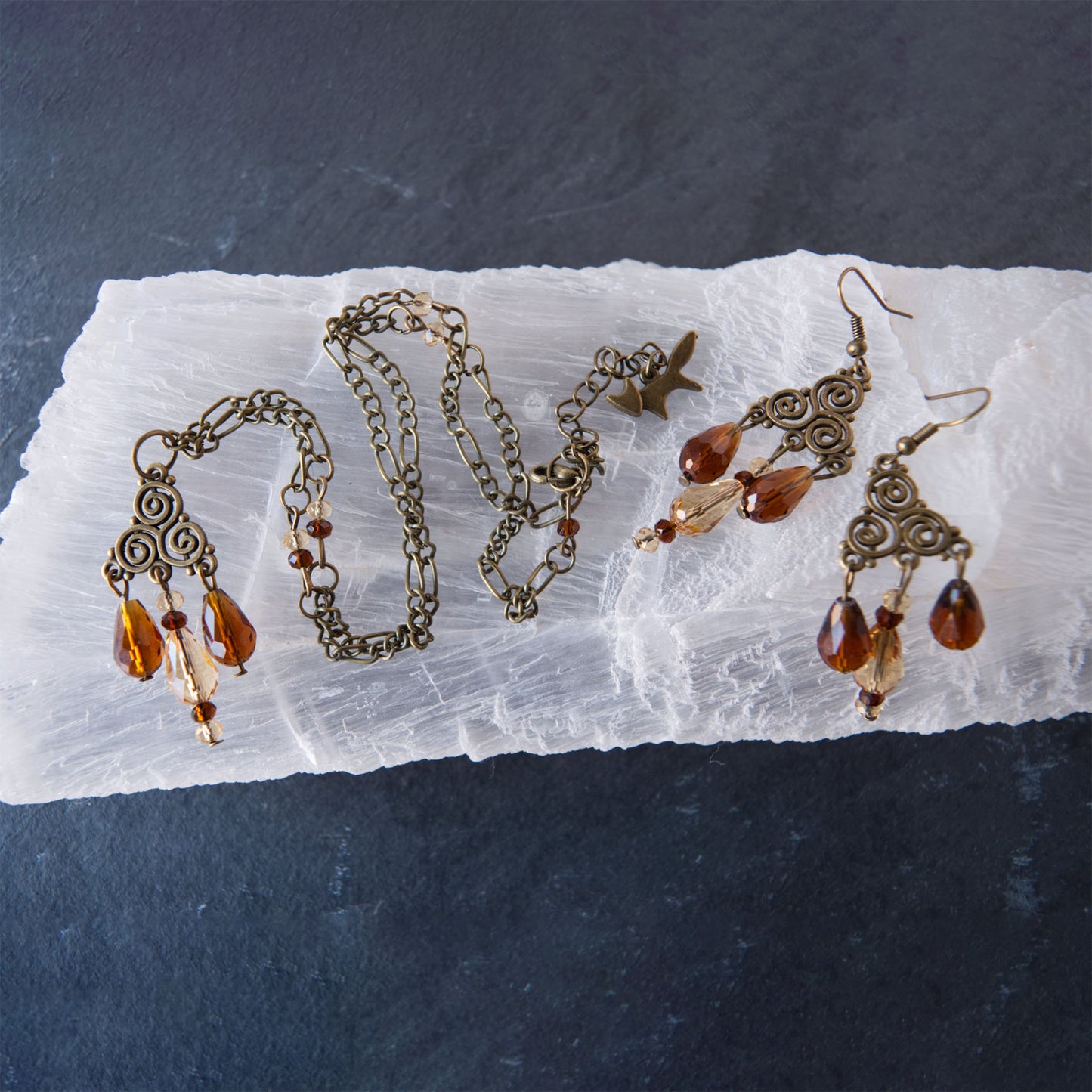 Triskele Antique Bronze and Crystal Earrings and Necklace Set