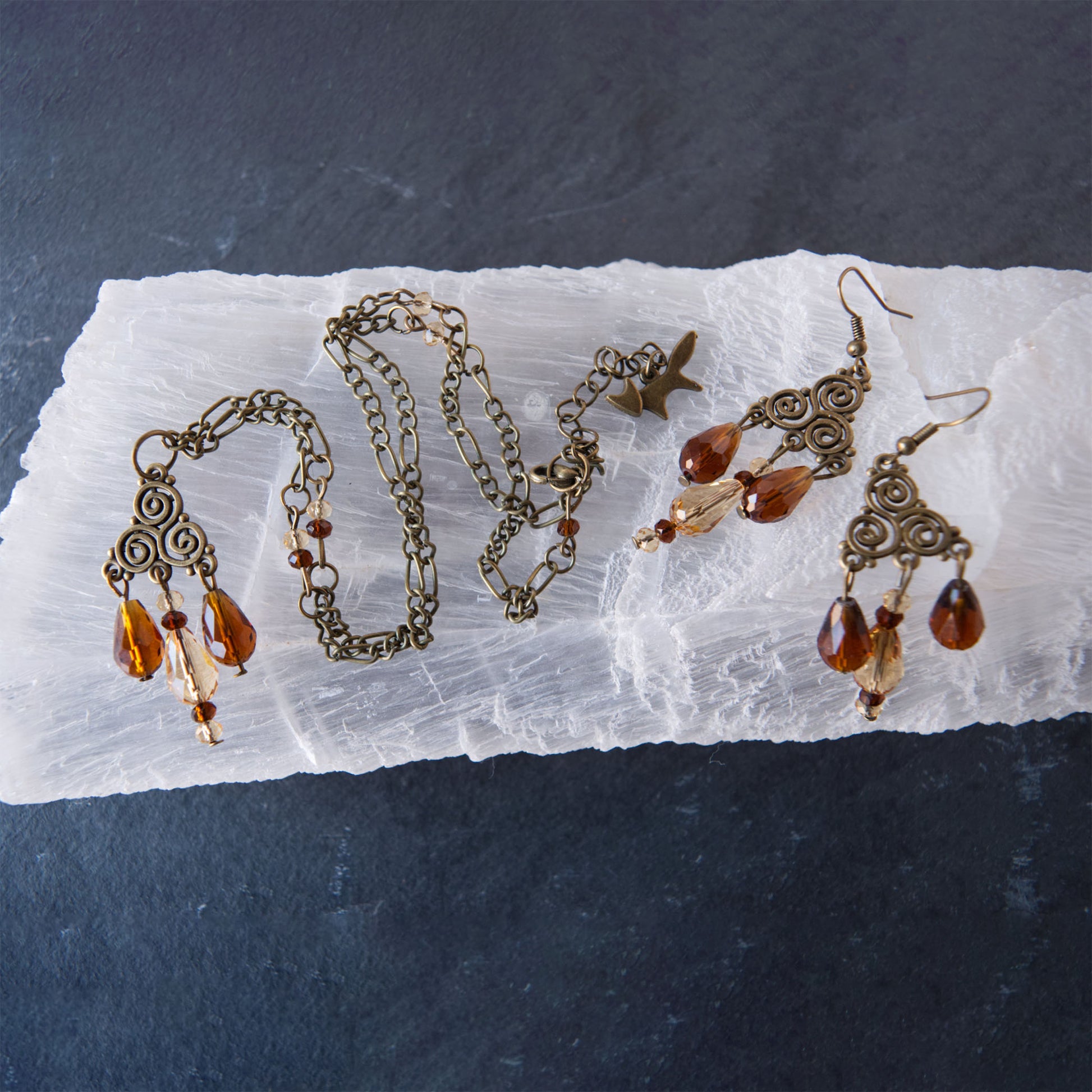 Triskele Antique Bronze and Crystal Earrings and Necklace Set