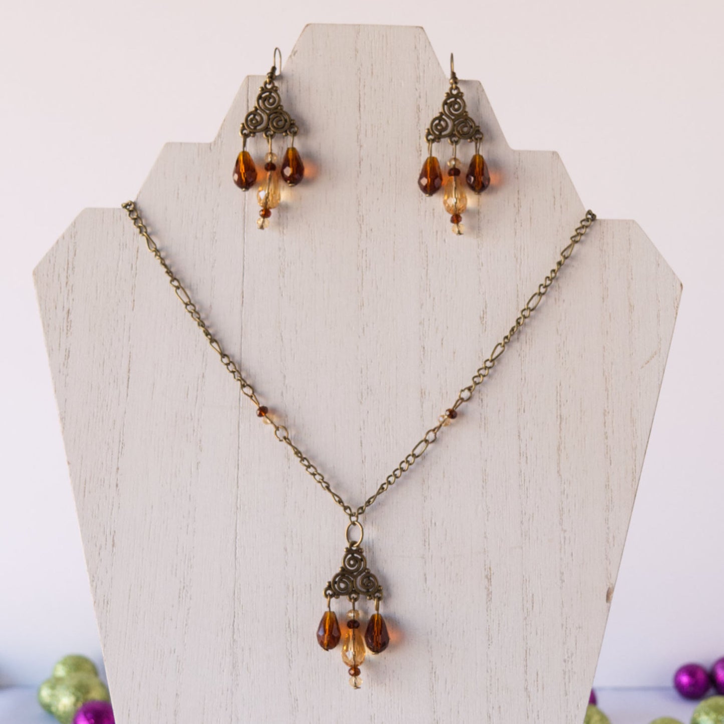 Triskele Antique Bronze and Crystal Earrings and Necklace Set