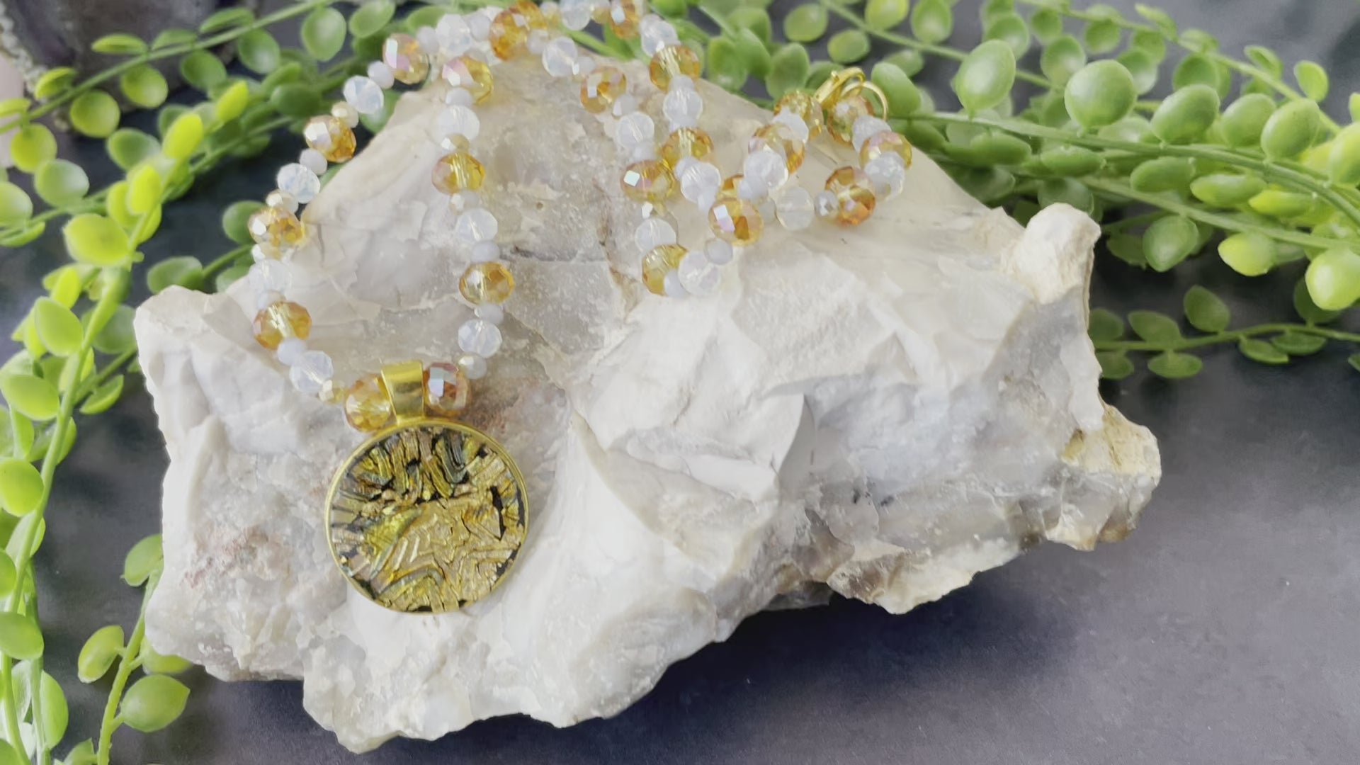 Multi-tone Foil and Gold Starburst Clay Pendant Bead Necklace