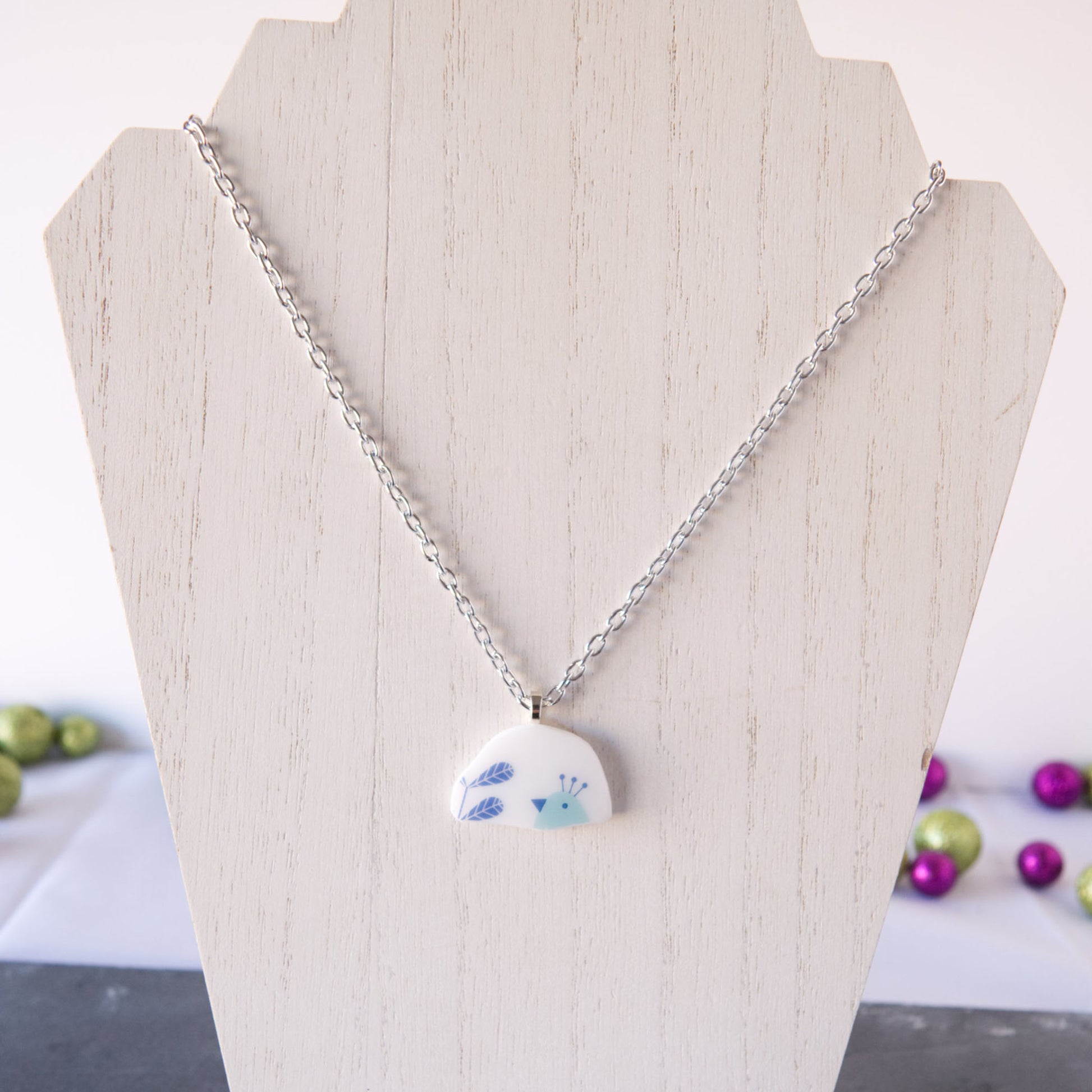 Wheat and Bird Repurposed Glass Pendant Necklace