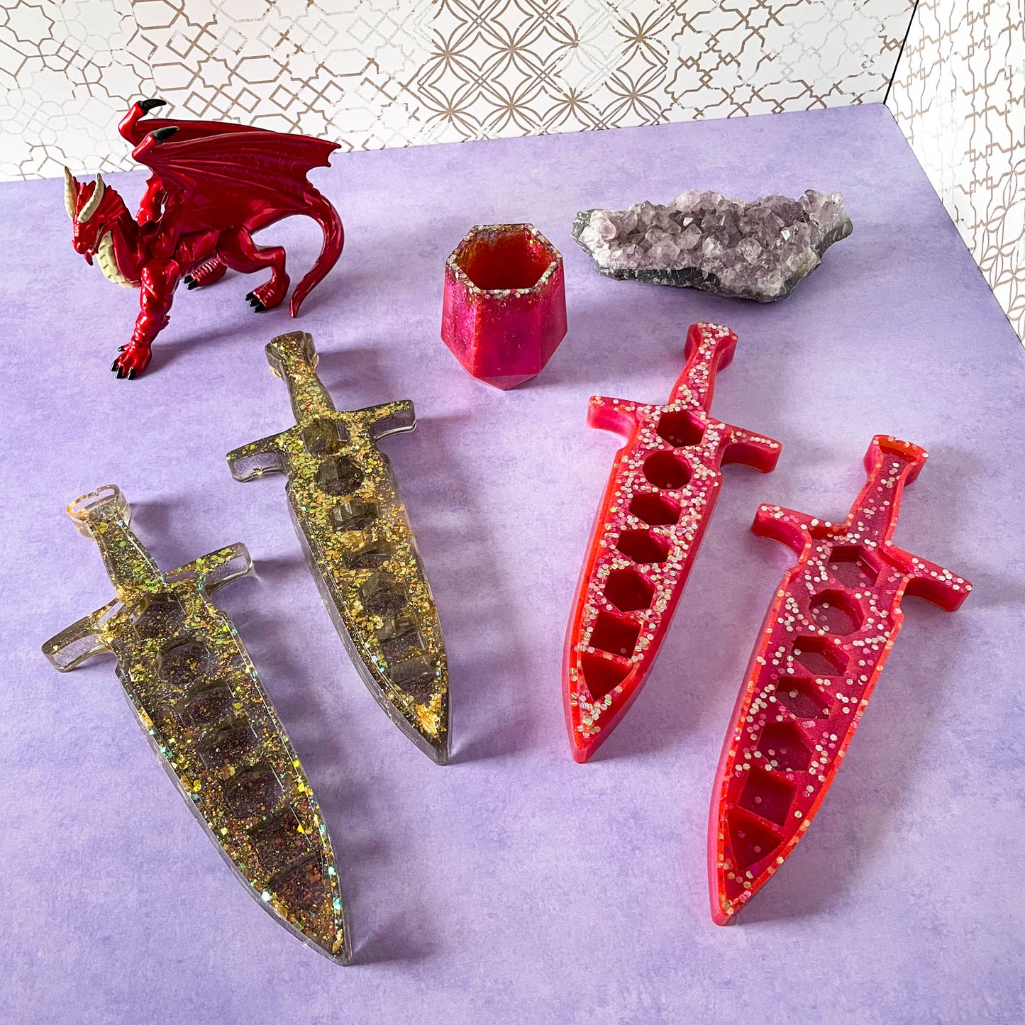 Custom Dagger Dice Box - black and gold and red