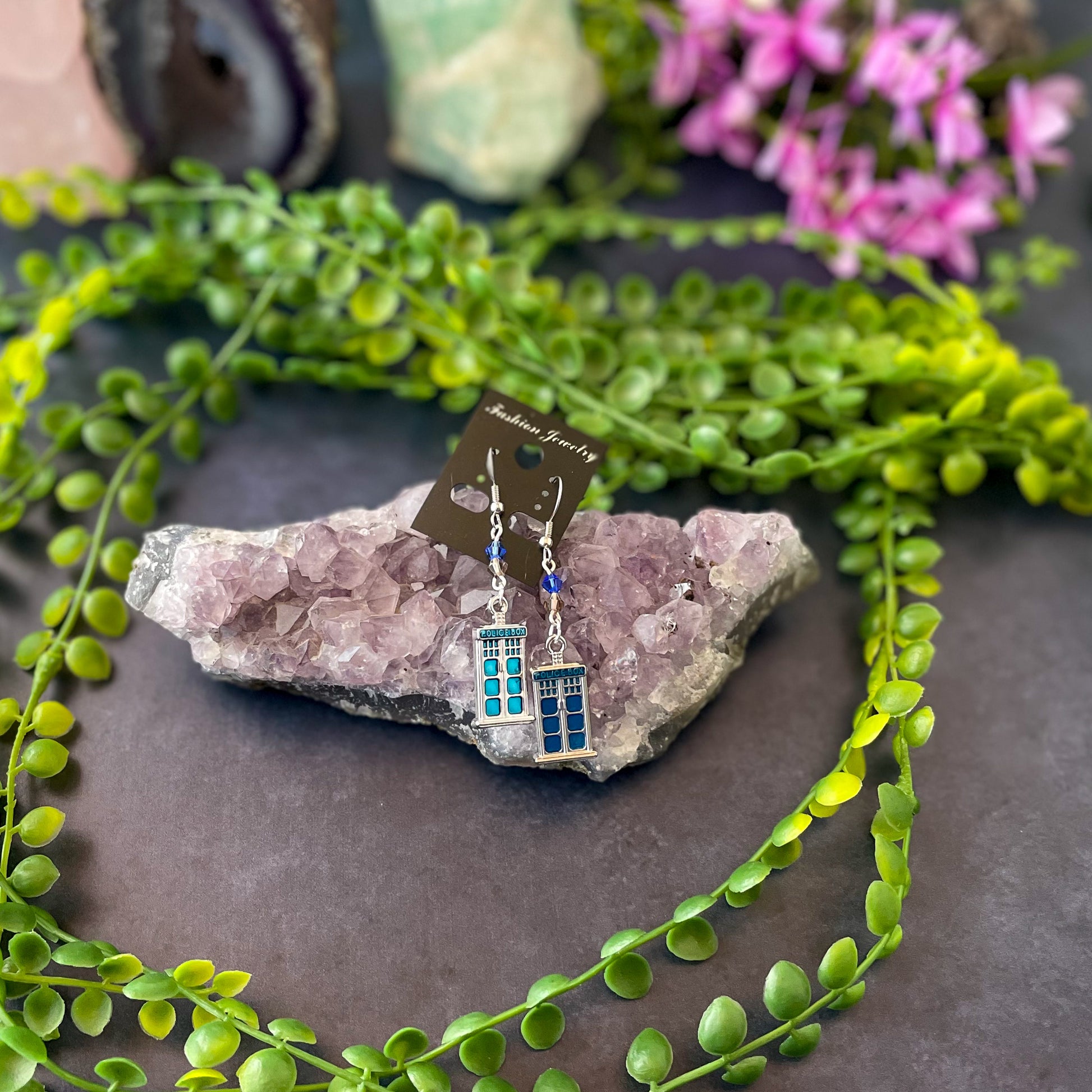 Doctor Who Police Box Enamel and Bead Earrings on card