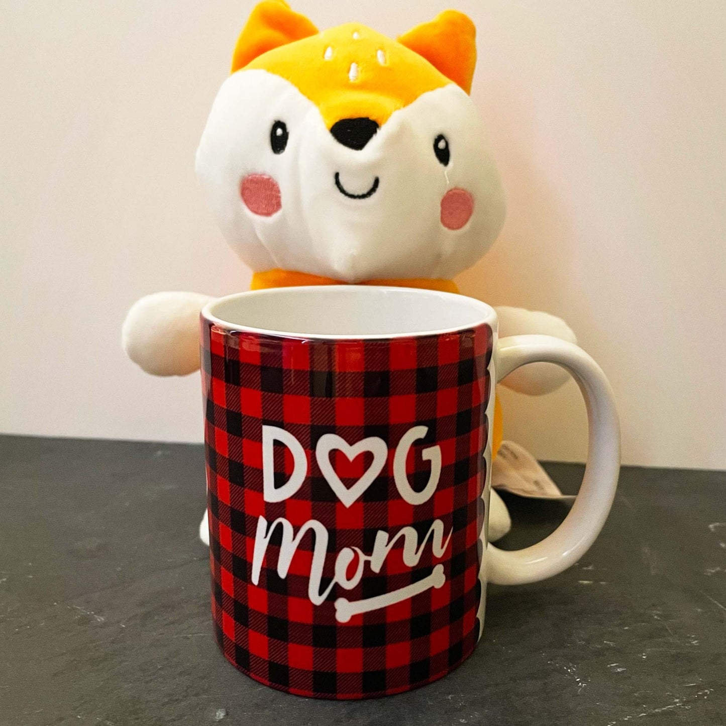 Buffalo Check Custom Dog Mom Mug with stuffed fox
