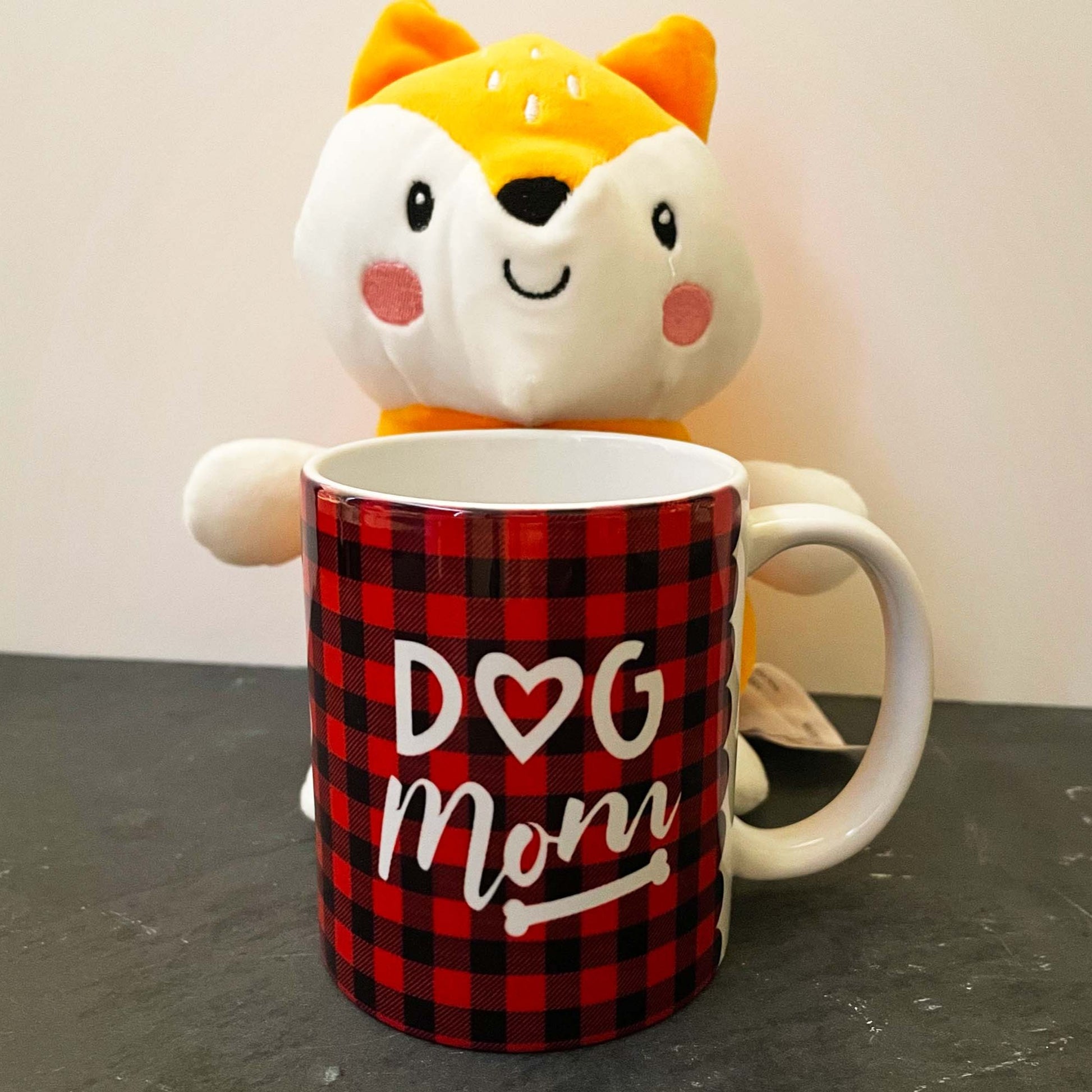 Buffalo Check Custom Dog Mom Mug with stuffed fox