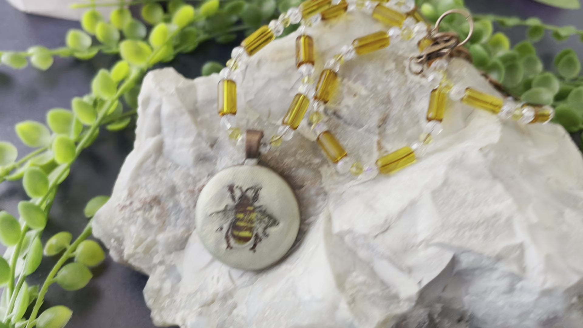 Hand Painted Bee Clay Pendant and Bead Necklace