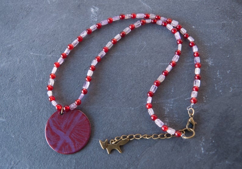 Amethyst and Enamel Pendant Bead Necklace