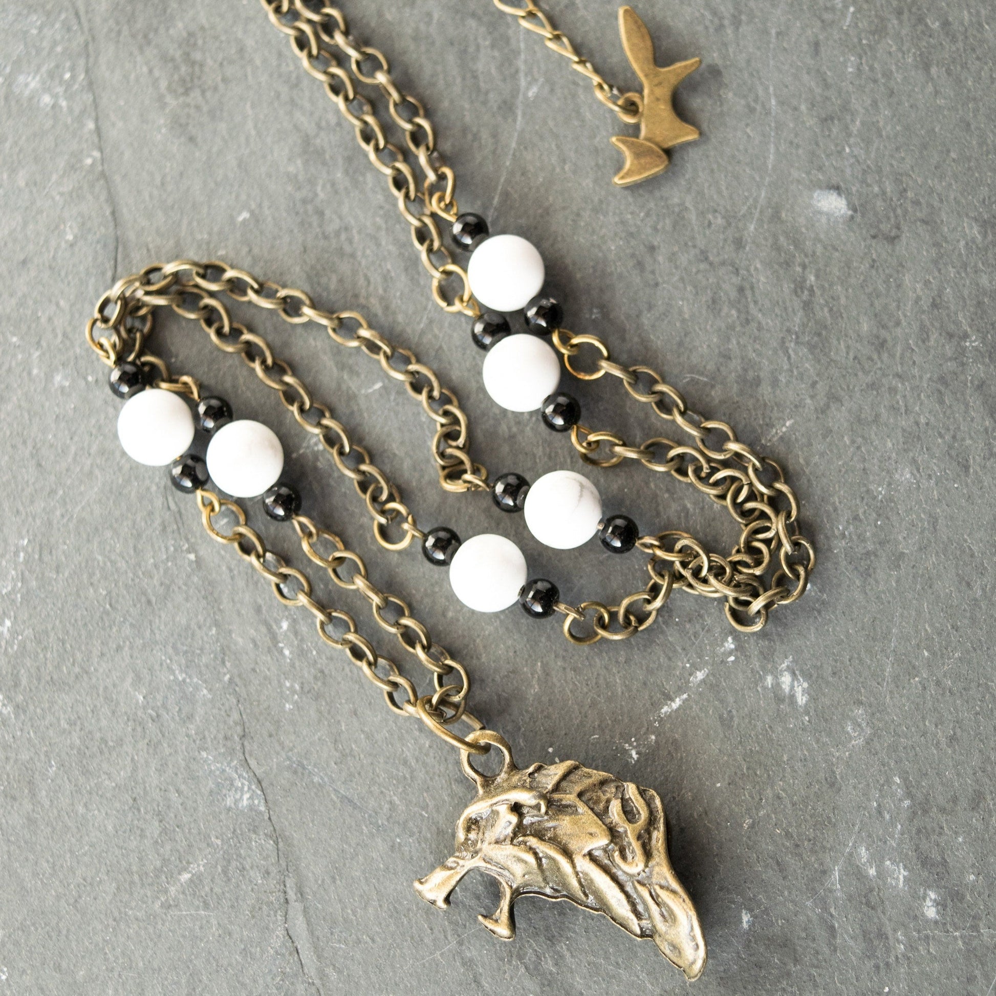 House Stark Dire Wolf Charm and Bead Necklace - Bronze