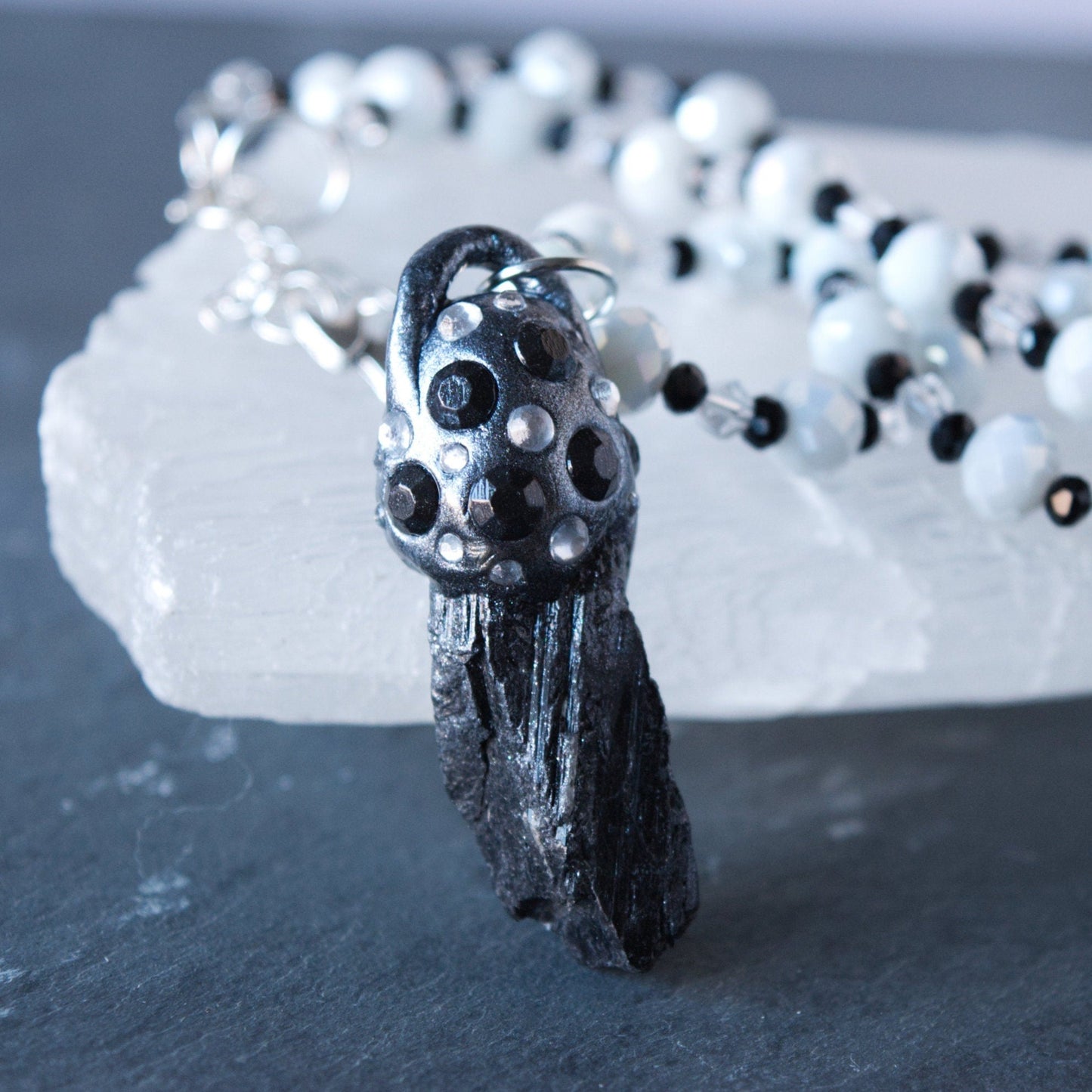 Raw Tektite and Clay Pendant Bead Necklace Close Up