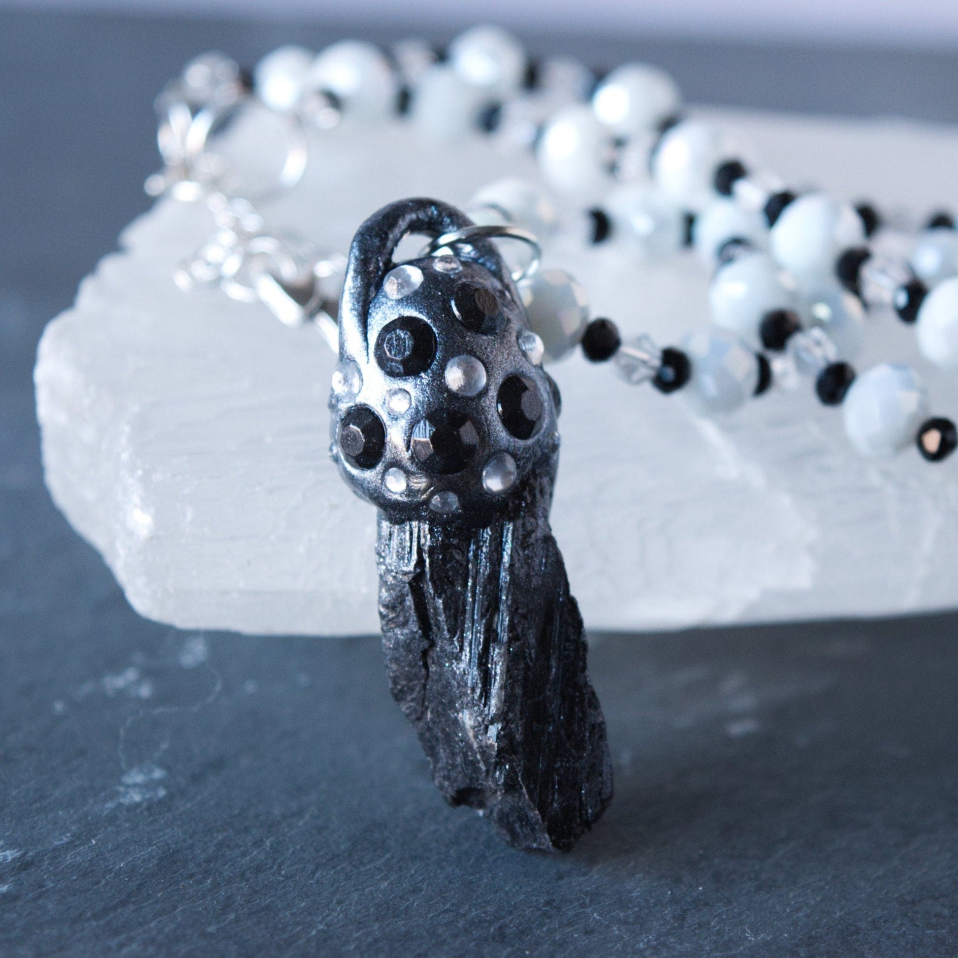 Raw Tektite and Clay Pendant Bead Necklace Close Up