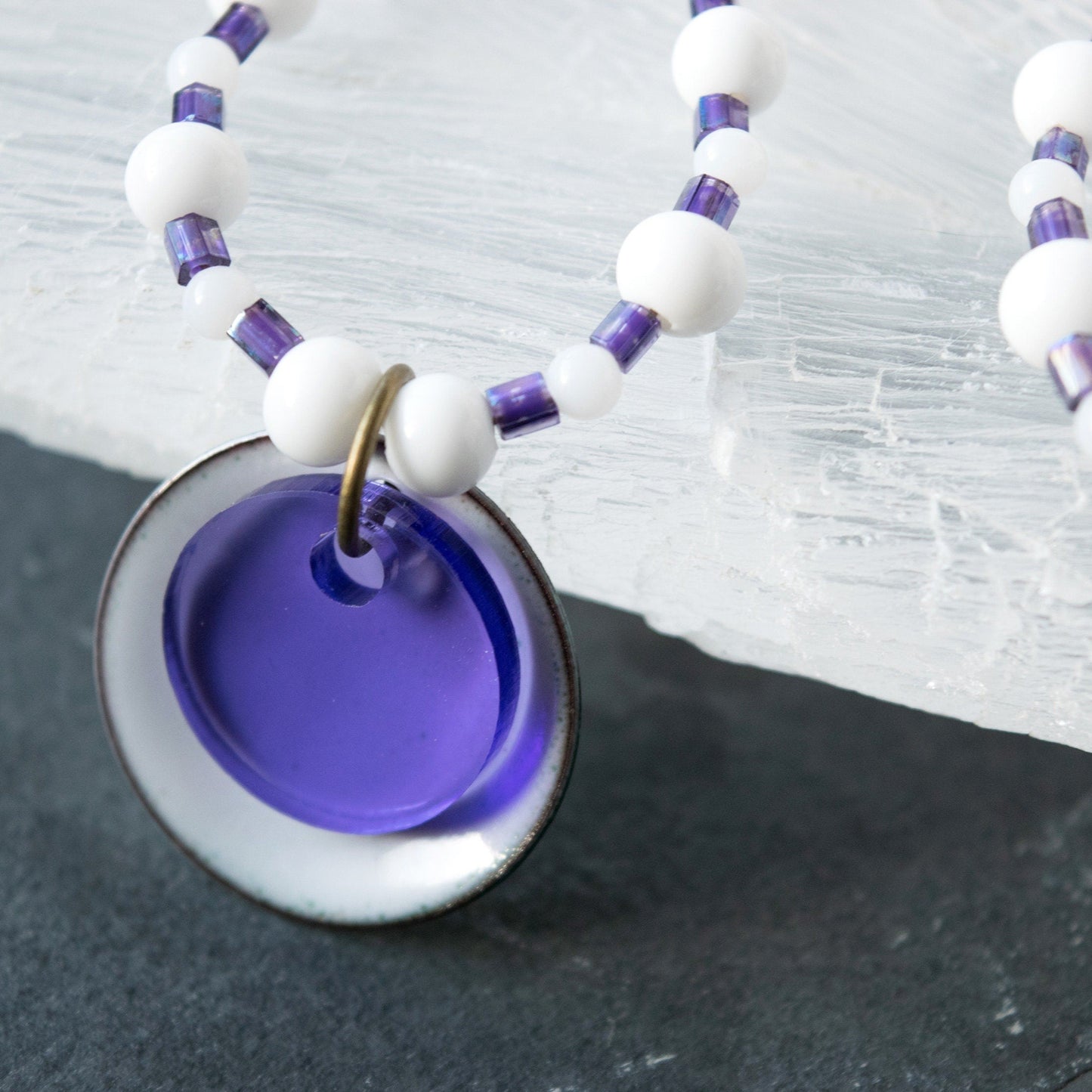 Purple and White Layered Enamel and Glass Pendant Bead Necklace close up