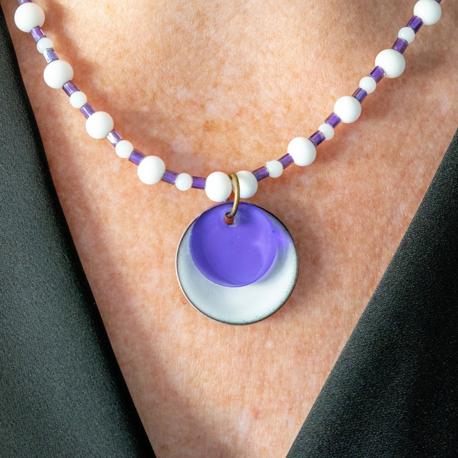 Purple and White Layered Enamel and Glass Pendant Bead Necklace on model