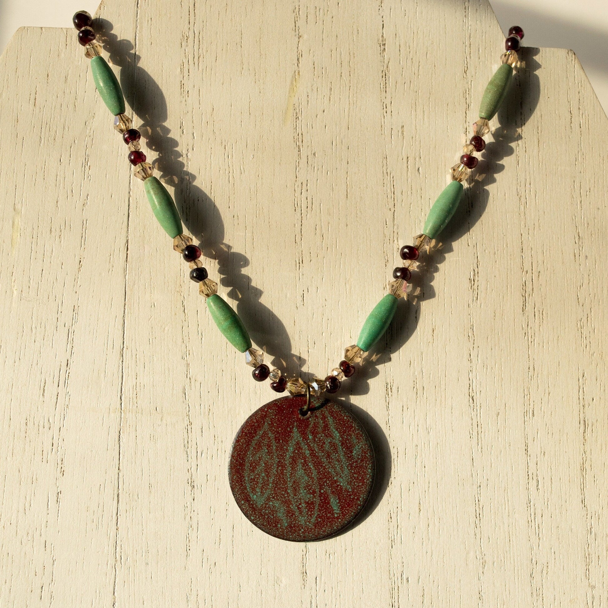 Red and Green Etched Leaf Enamel Pendant with Garnet and Magnesite Bead Necklace