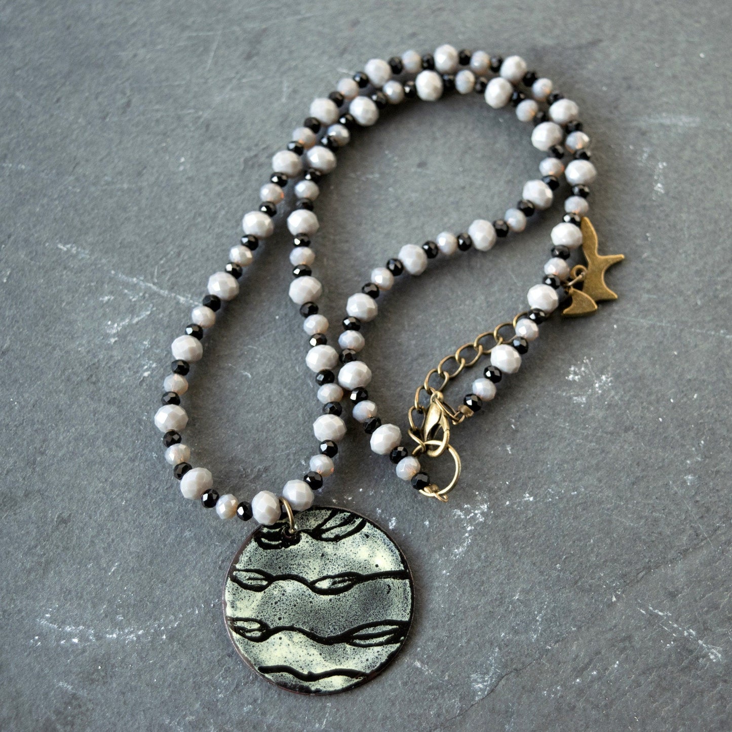 Black Etched Leaf Enamel Pendant Bead Necklace
