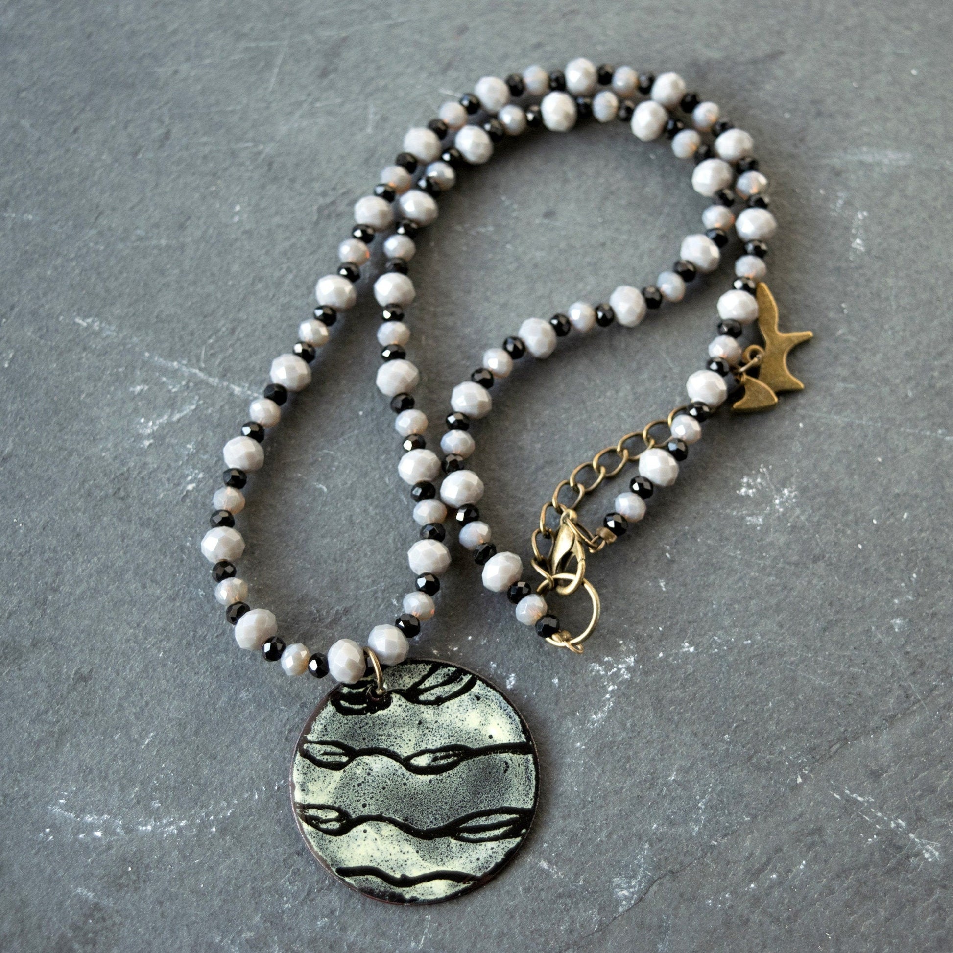 Black Etched Leaf Enamel Pendant Bead Necklace