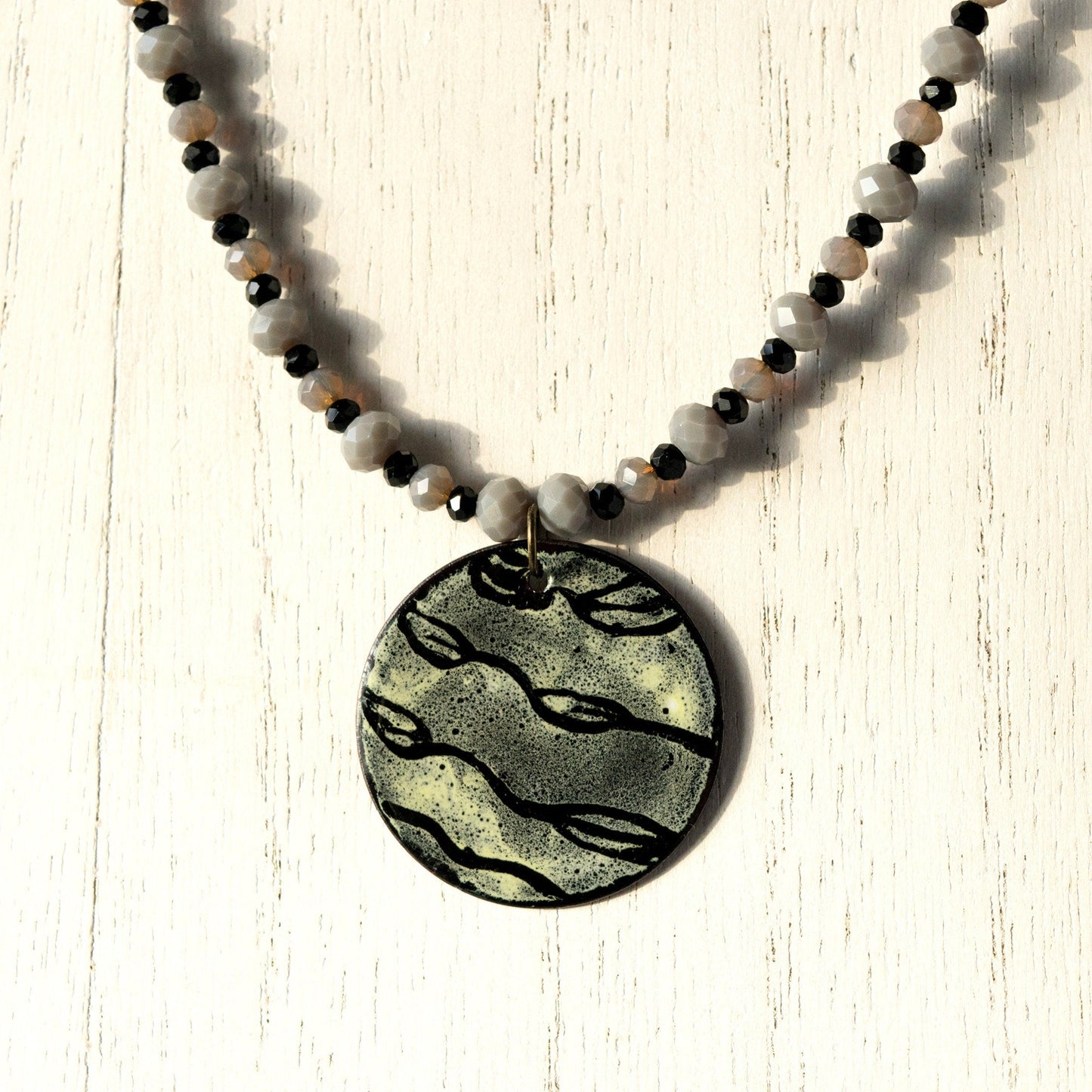Black Etched Leaf Enamel Pendant Bead Necklace