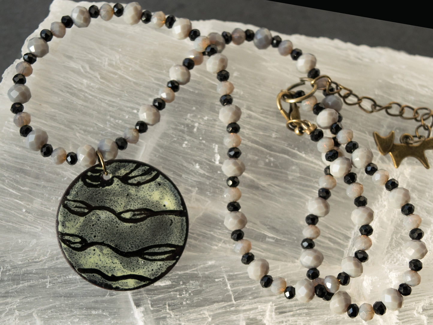 Black Etched Leaf Enamel Pendant Bead Necklace