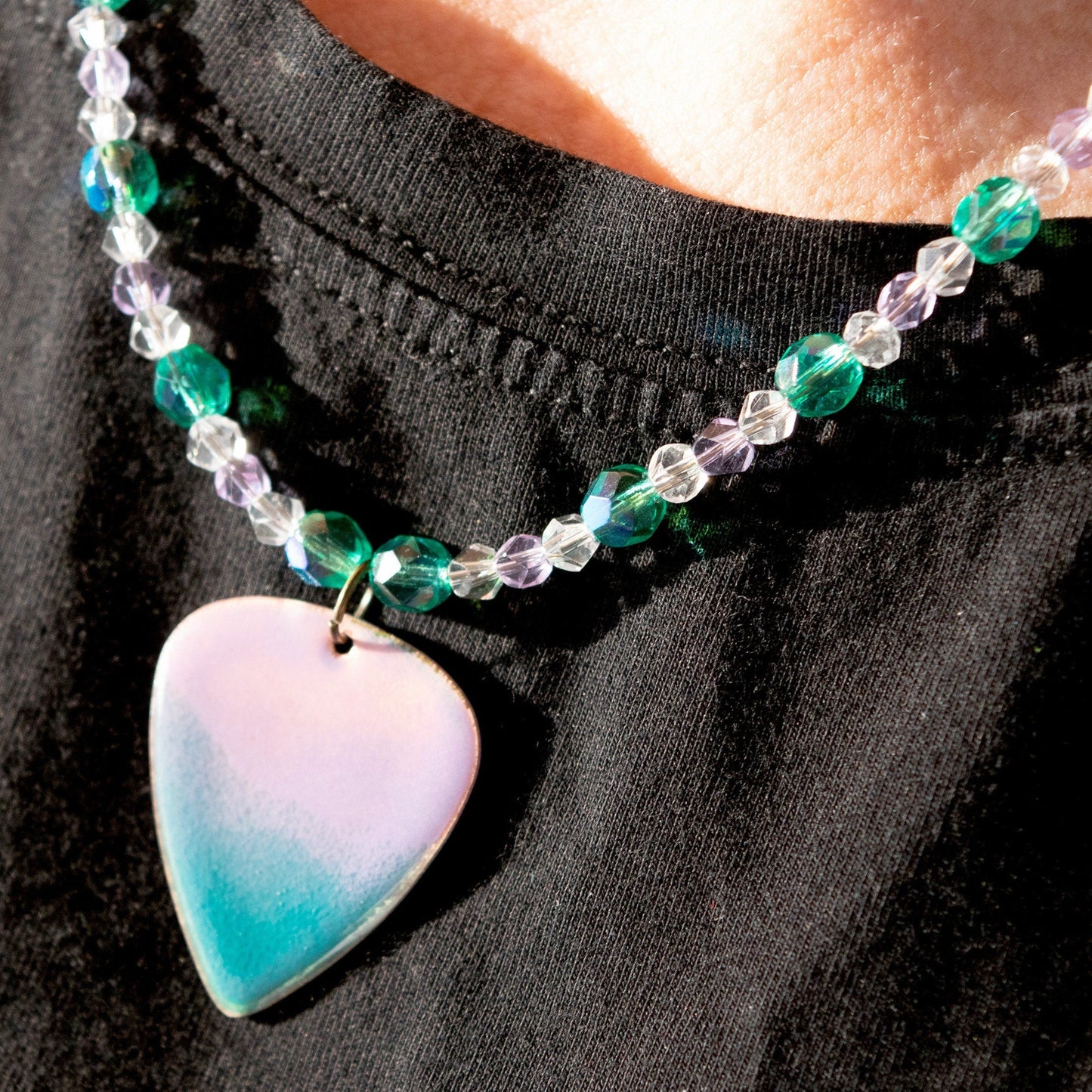 Guitar Pick Enamel Pendant Lilac and Teal Bead Necklace