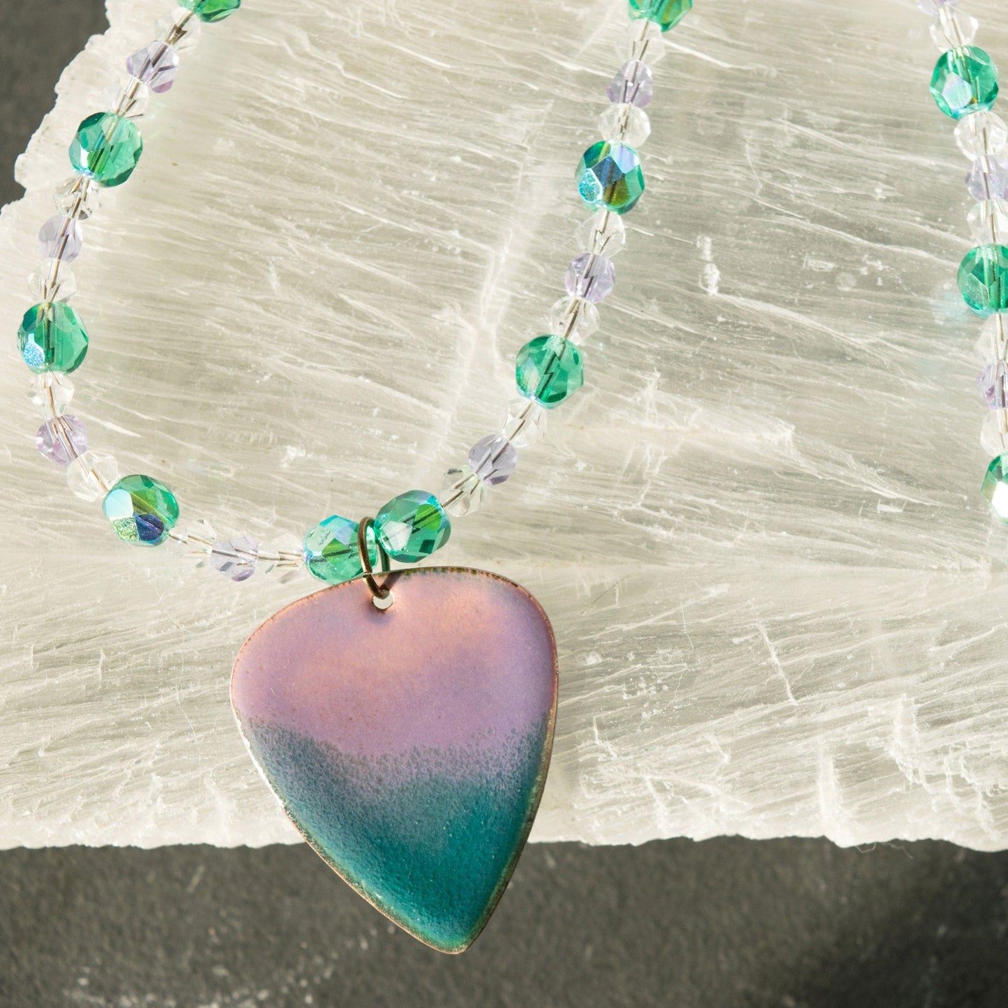 Guitar Pick Enamel Pendant Lilac and Teal Bead Necklace