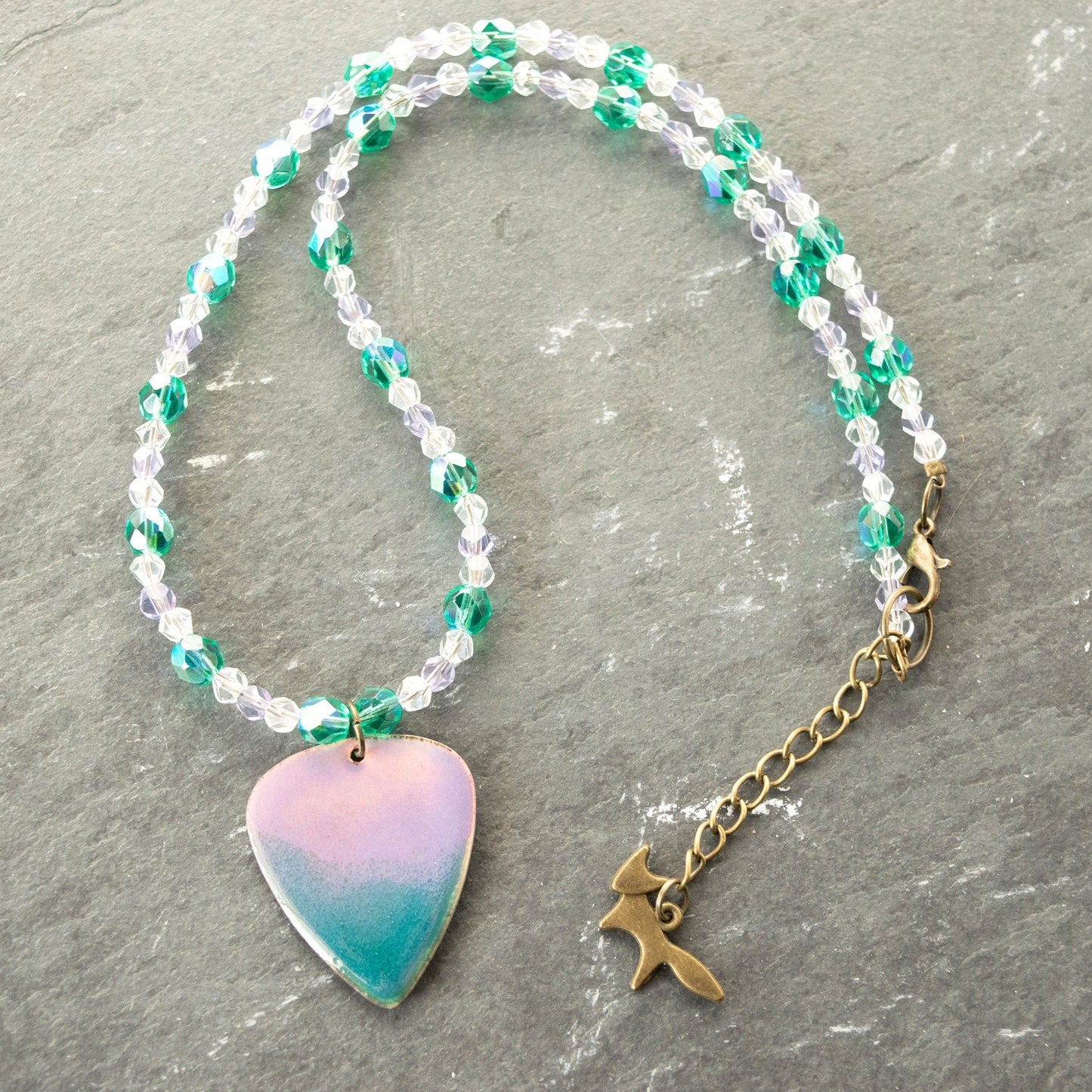 Guitar Pick Enamel Pendant Lilac and Teal Bead Necklace