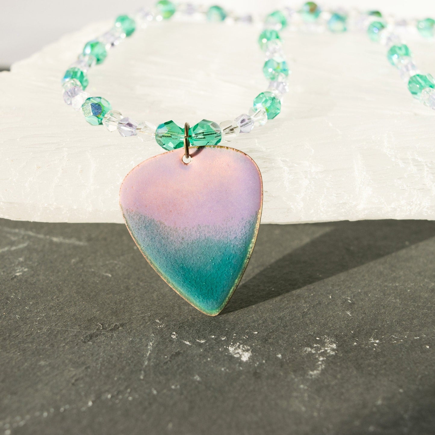 Guitar Pick Enamel Pendant Lilac and Teal Bead Necklace