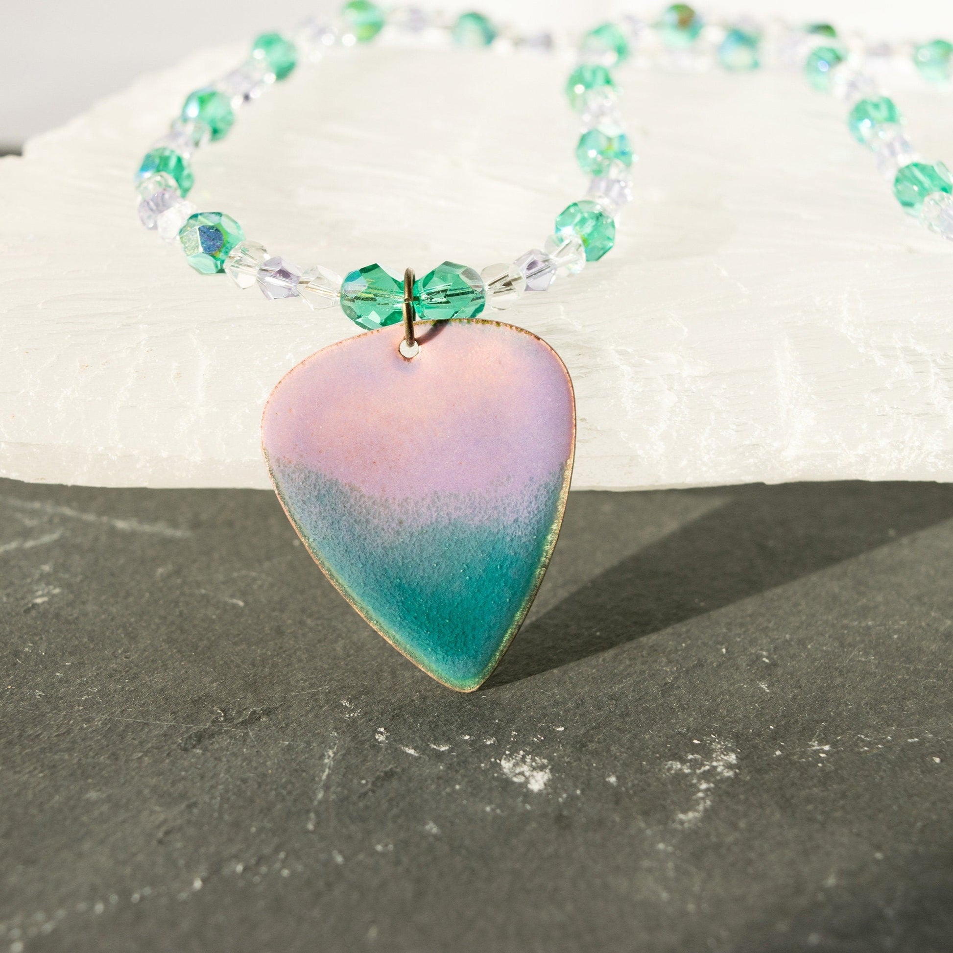 Guitar Pick Enamel Pendant Lilac and Teal Bead Necklace