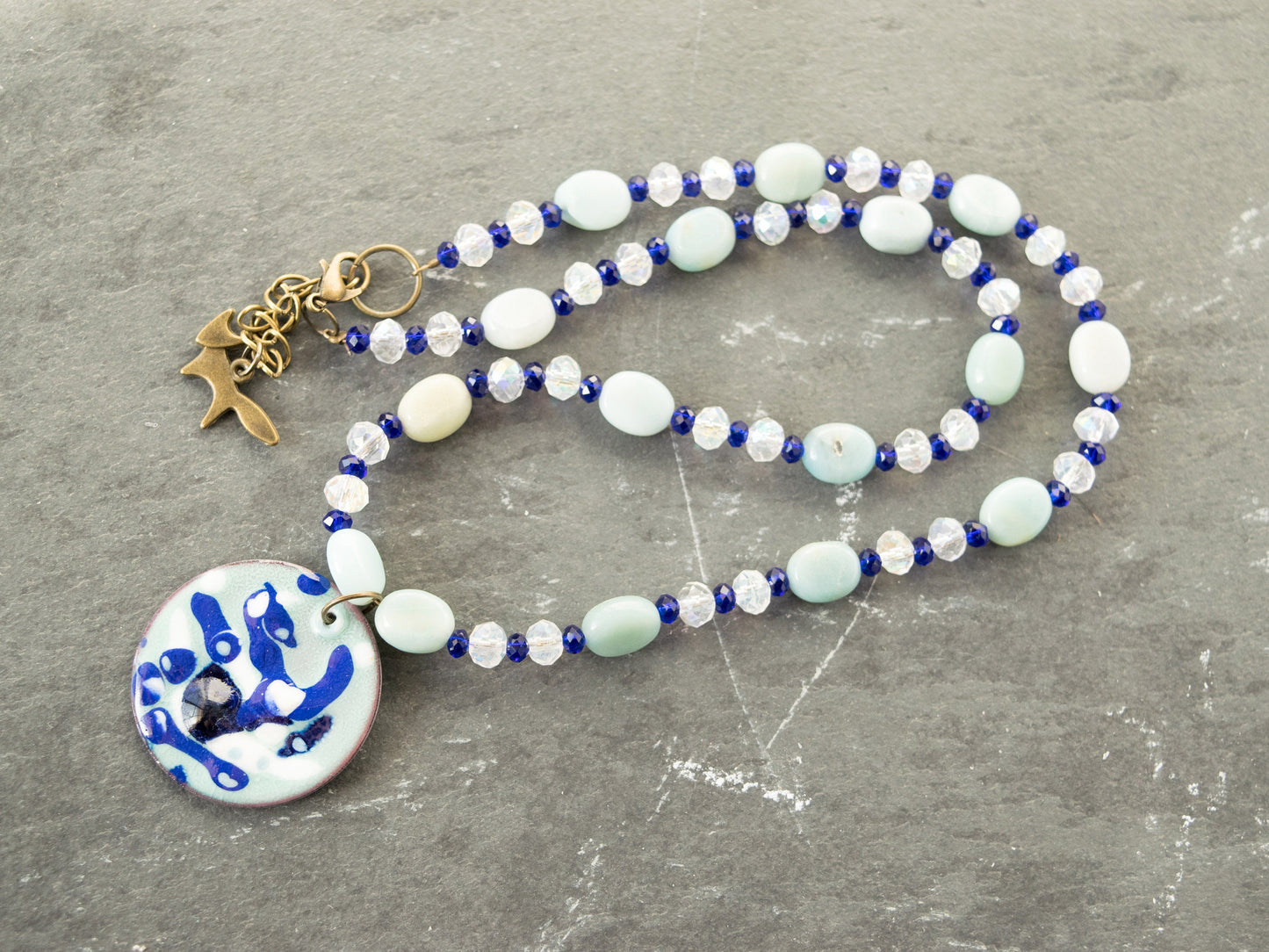 Amazonite and Clear Crystal Necklace with Blue and White Enameled Pendant