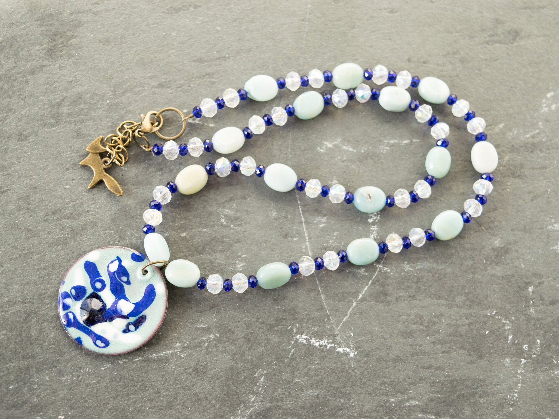 Amazonite and Clear Crystal Necklace with Blue and White Enameled Pendant