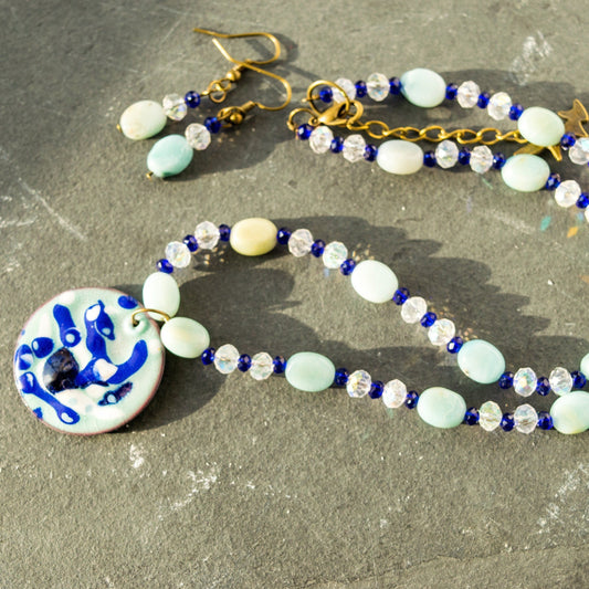 Amazonite and Clear Crystal Earrings and Necklace Set with Blue and White Enameled Pendant