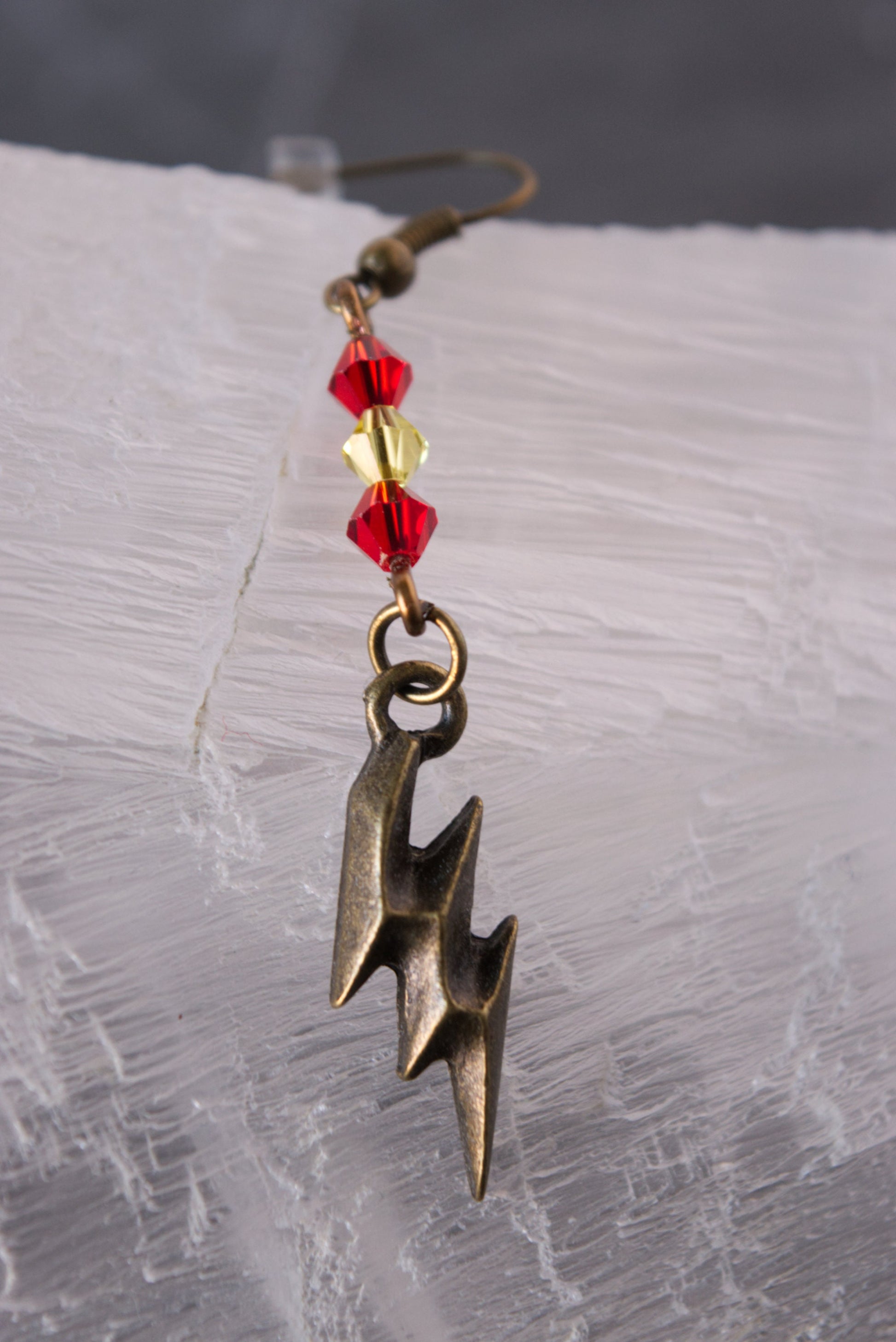Antique Bronze and Glass Bead Lightning Bolt Earrings