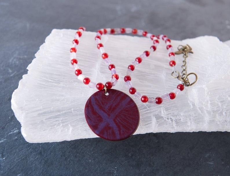 Amethyst and Enamel Pendant Bead Necklace