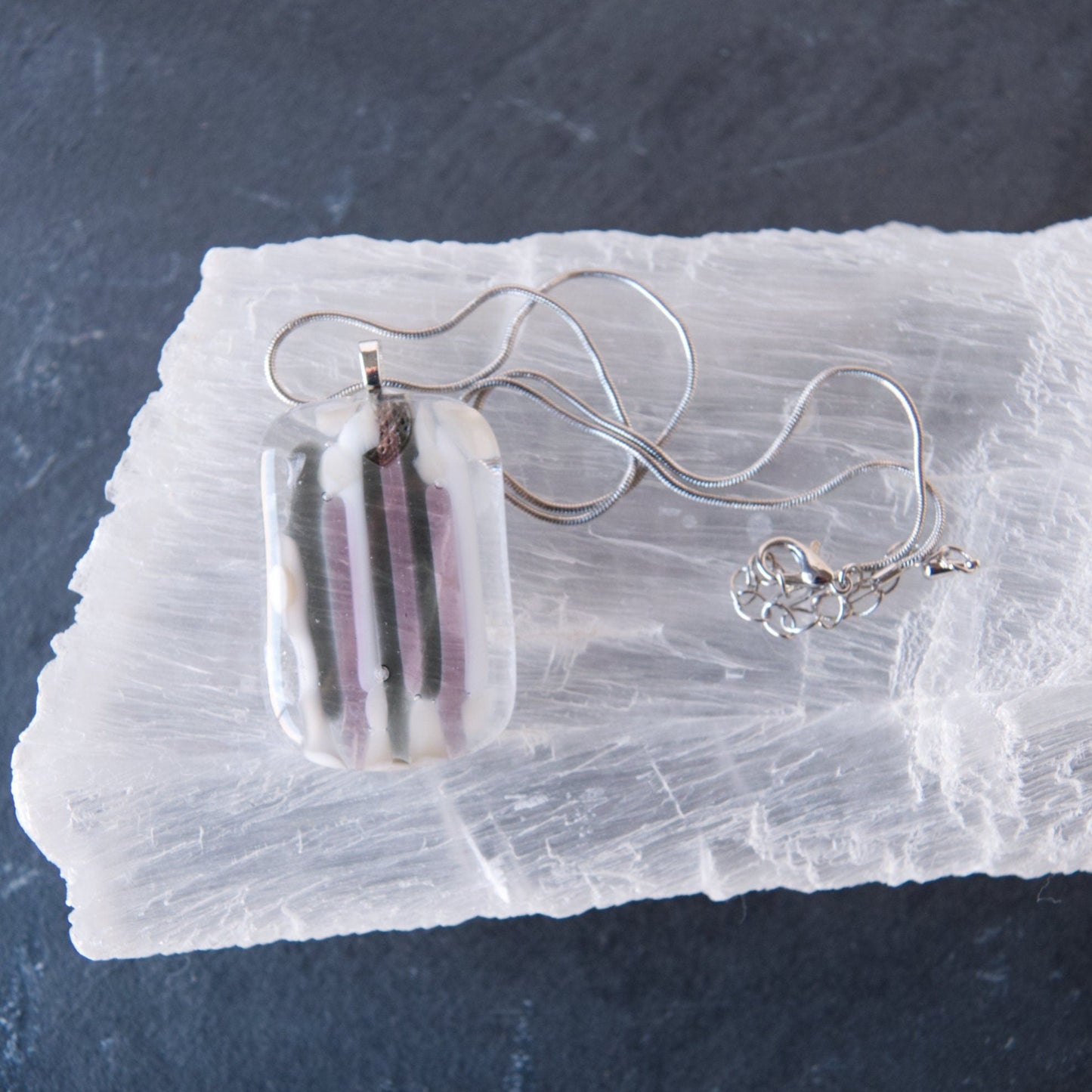 Purple and Gray Fused Glass Pendant Necklace on Selenite
