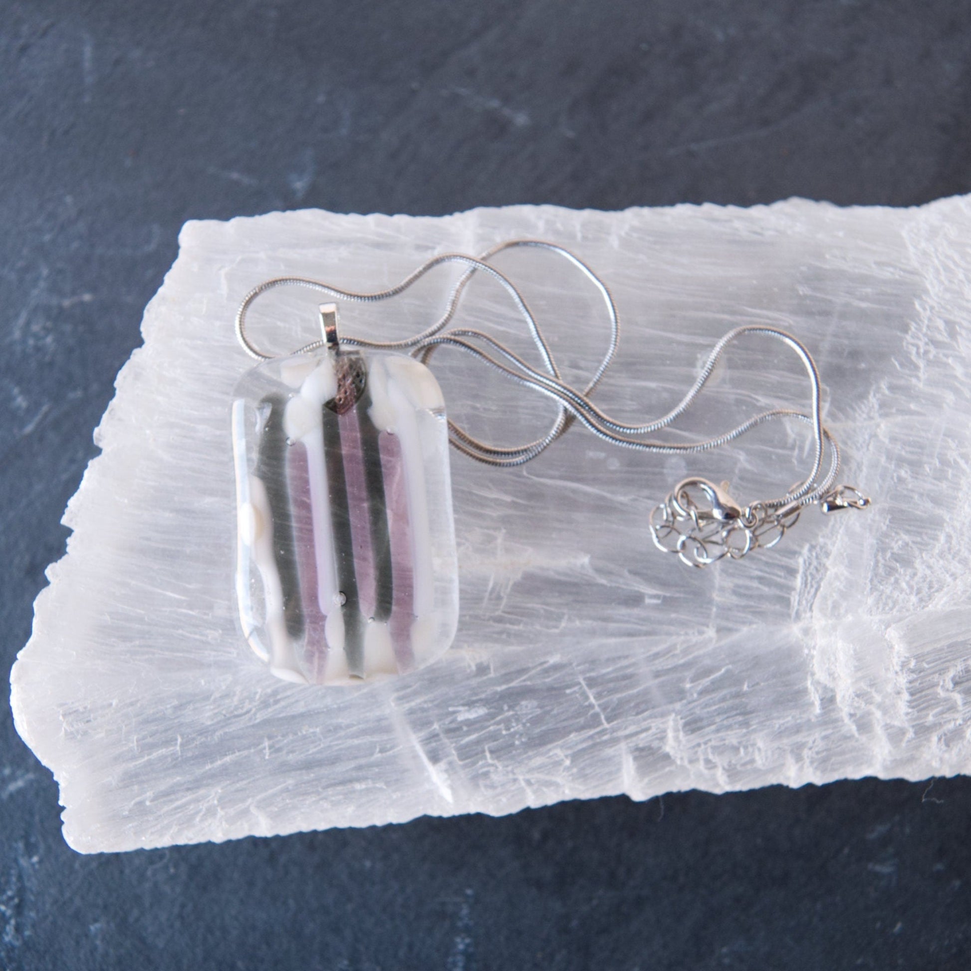 Purple and Gray Fused Glass Pendant Necklace on Selenite